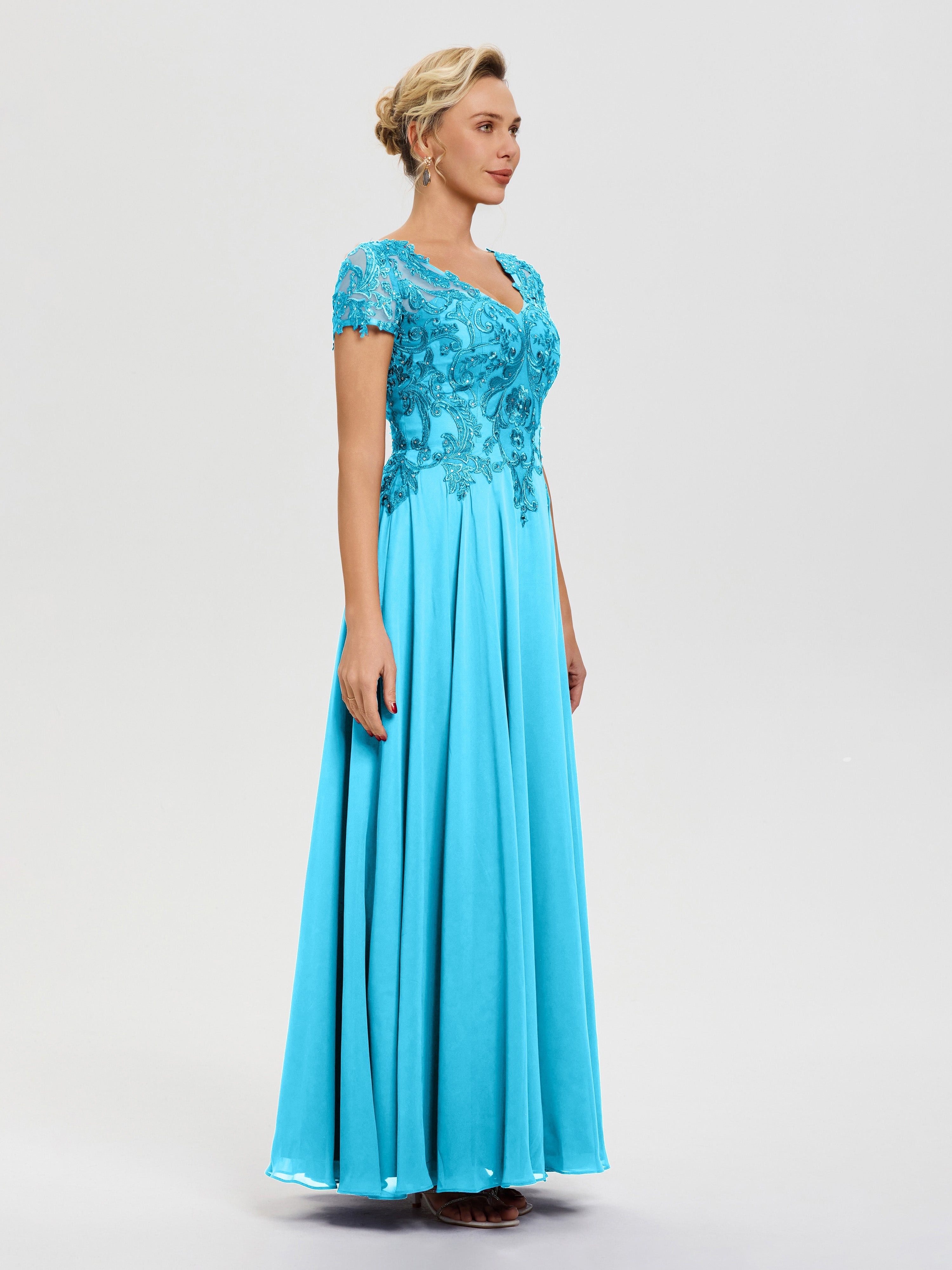 Robe Pour Mère De Mariée Piscine Col V Mousseline & Dentelle Robe Mère De La Mariée Moderne