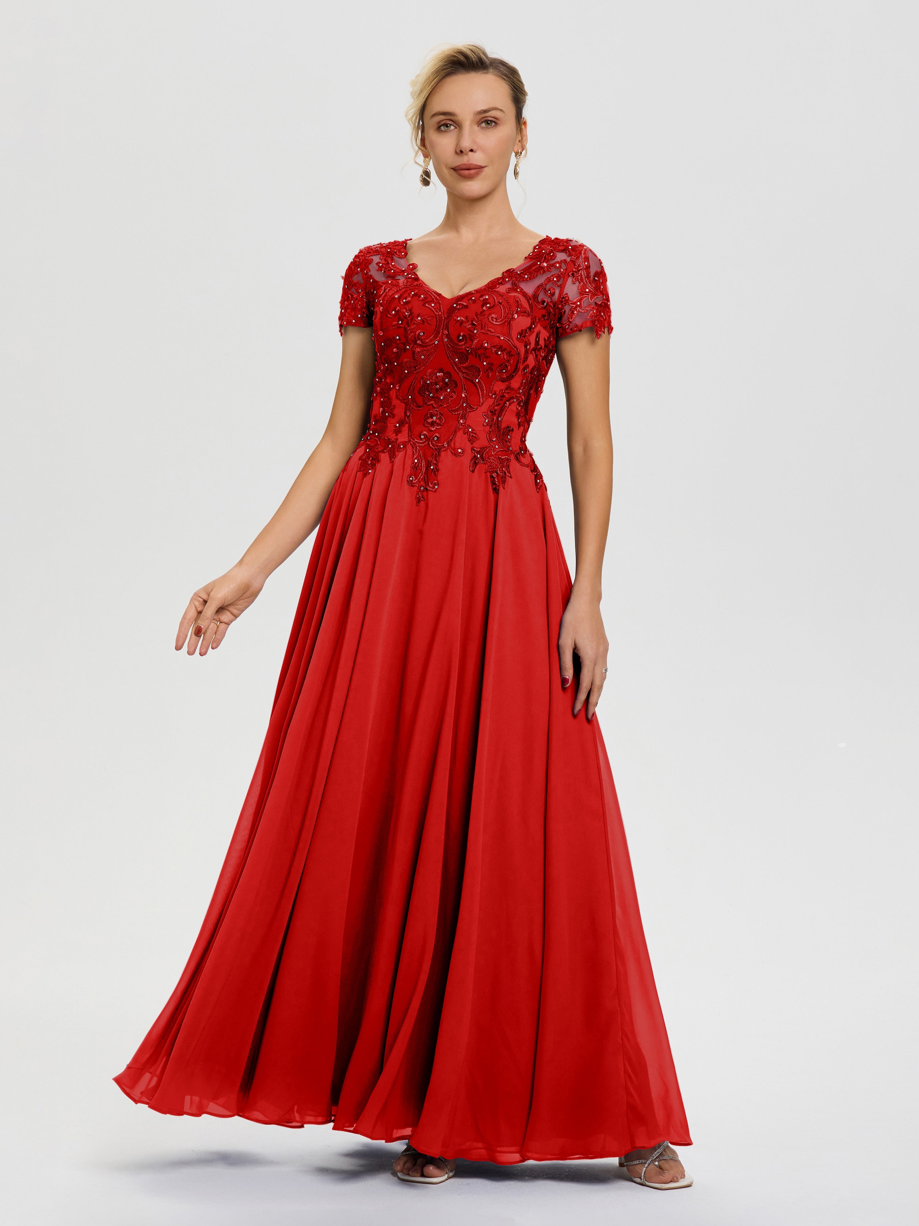 Robe Pour Mère De Mariée Rouge Col V Mousseline & Dentelle Robe Mère De La Mariée Moderne