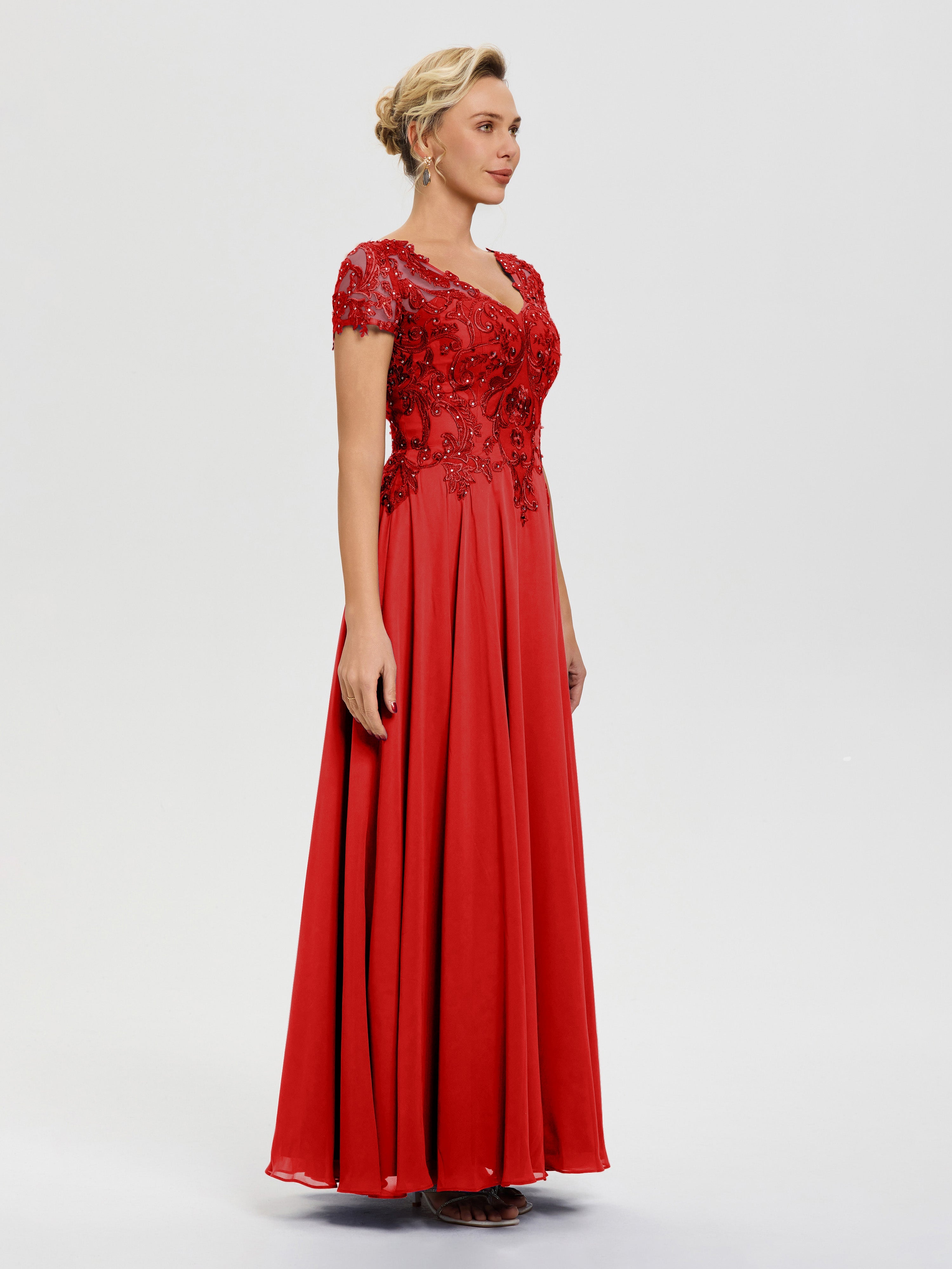 Robe Pour Mère De Mariée Rouge Col V Mousseline & Dentelle Robe Mère De La Mariée Moderne