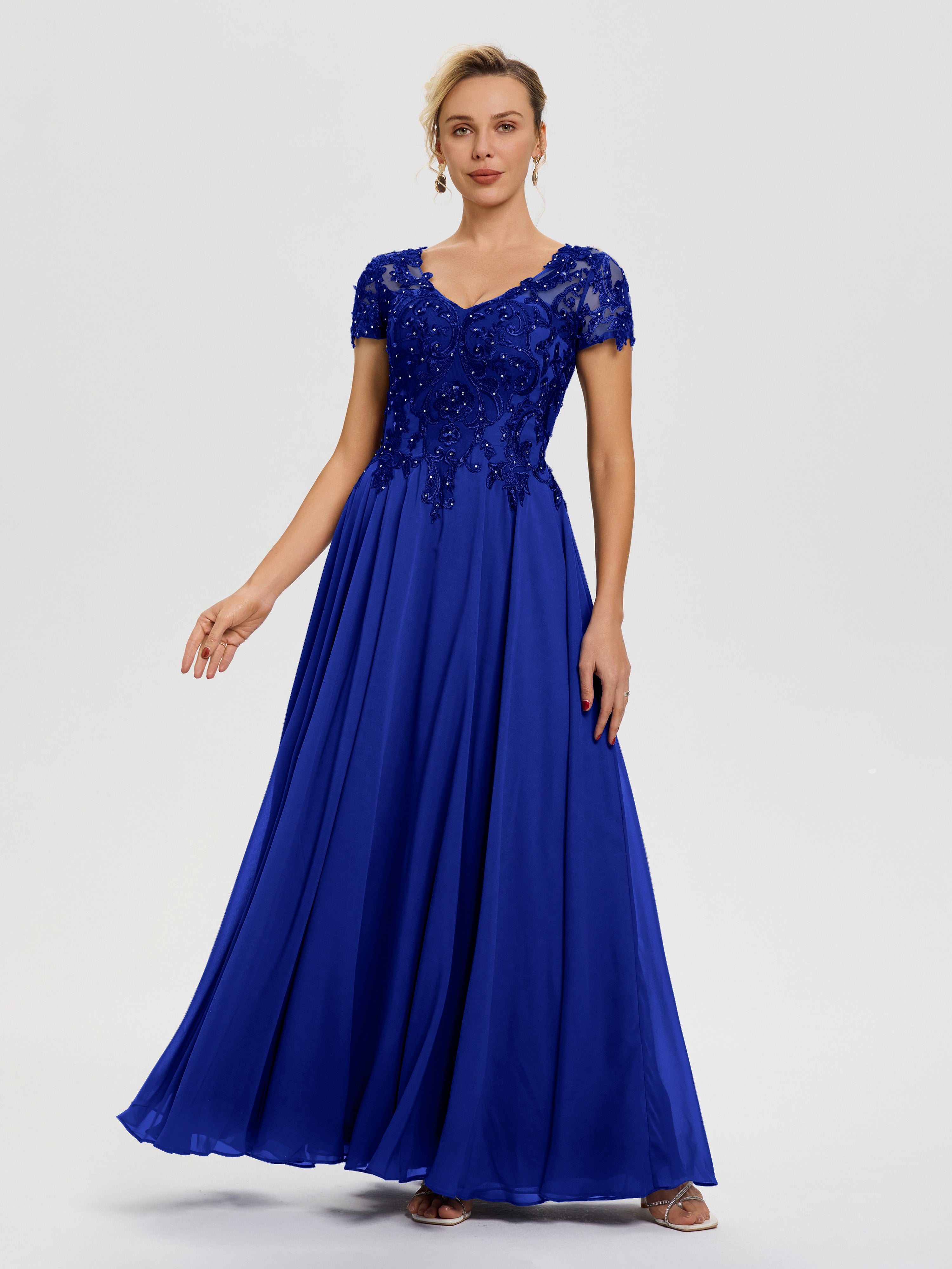Robe Pour La Mère De La Mariée Bleu Royale Col V Mousseline & Dentelle Robe Mère De La Mariée Moderne