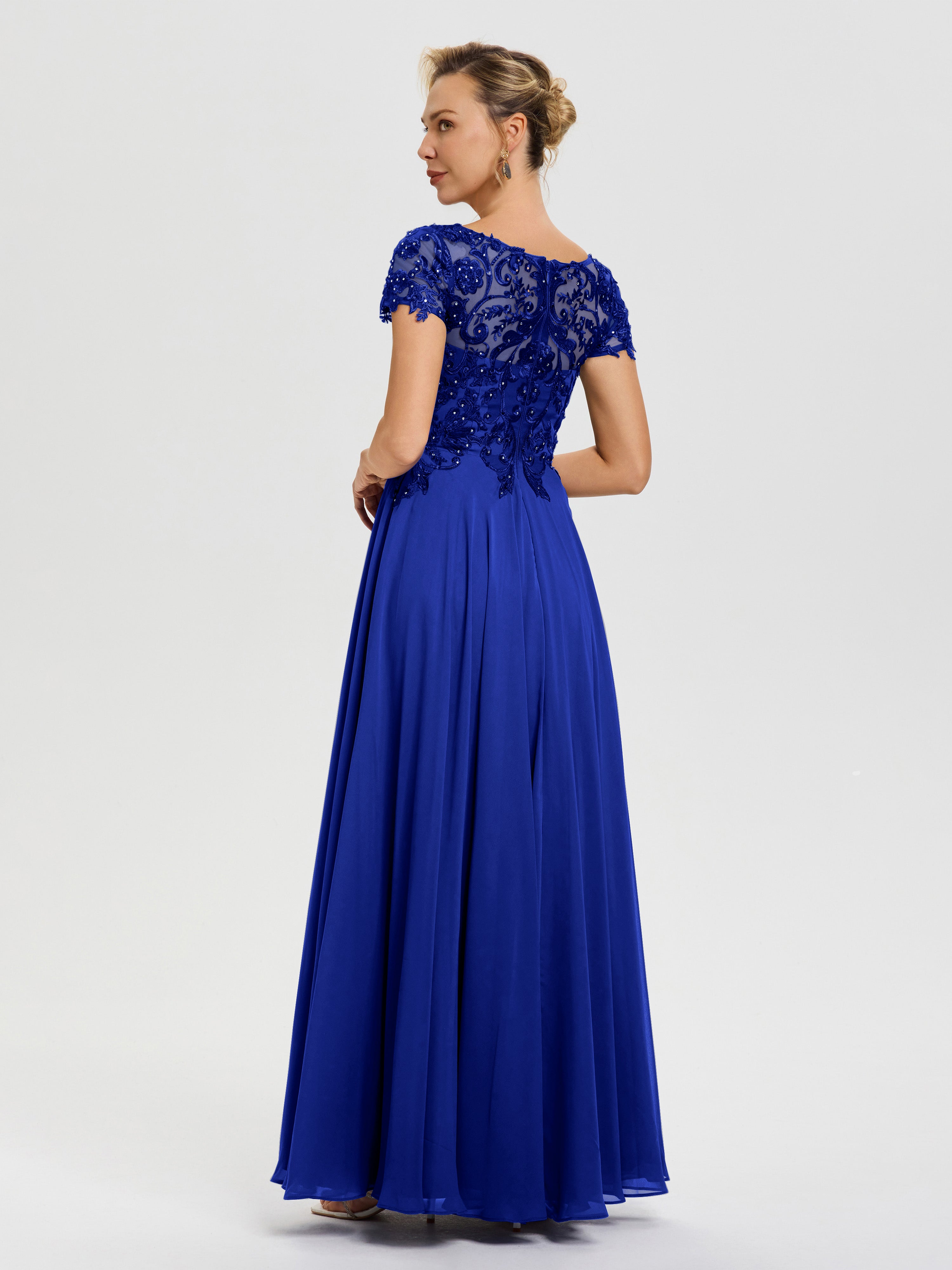 Robe Pour La Mère De La Mariée Bleu Royale Col V Mousseline & Dentelle Robe Mère De La Mariée Moderne