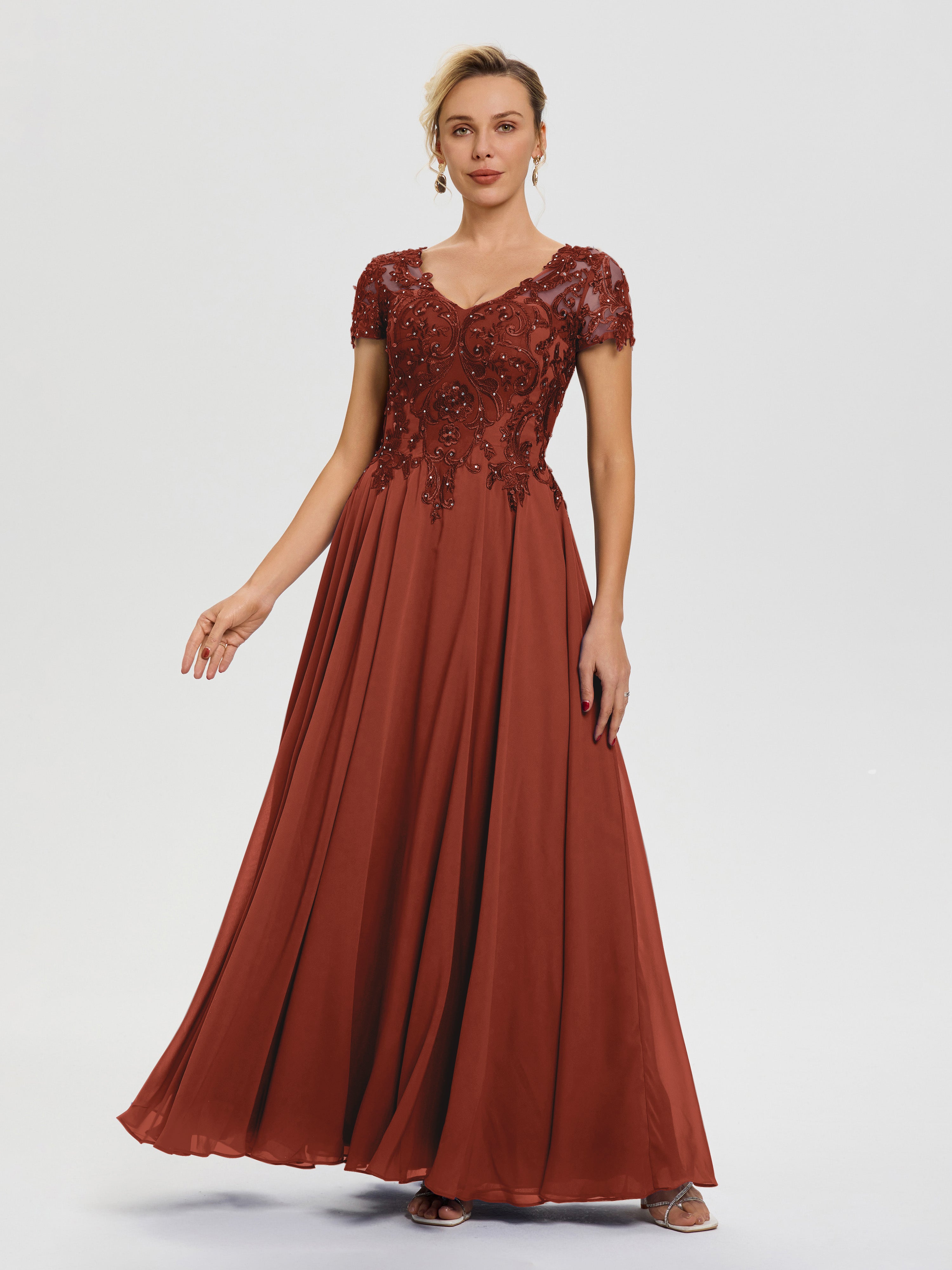 Robe Pour Mère De Mariée Rouille Col V Mousseline & Dentelle Robe Mère De La Mariée Moderne