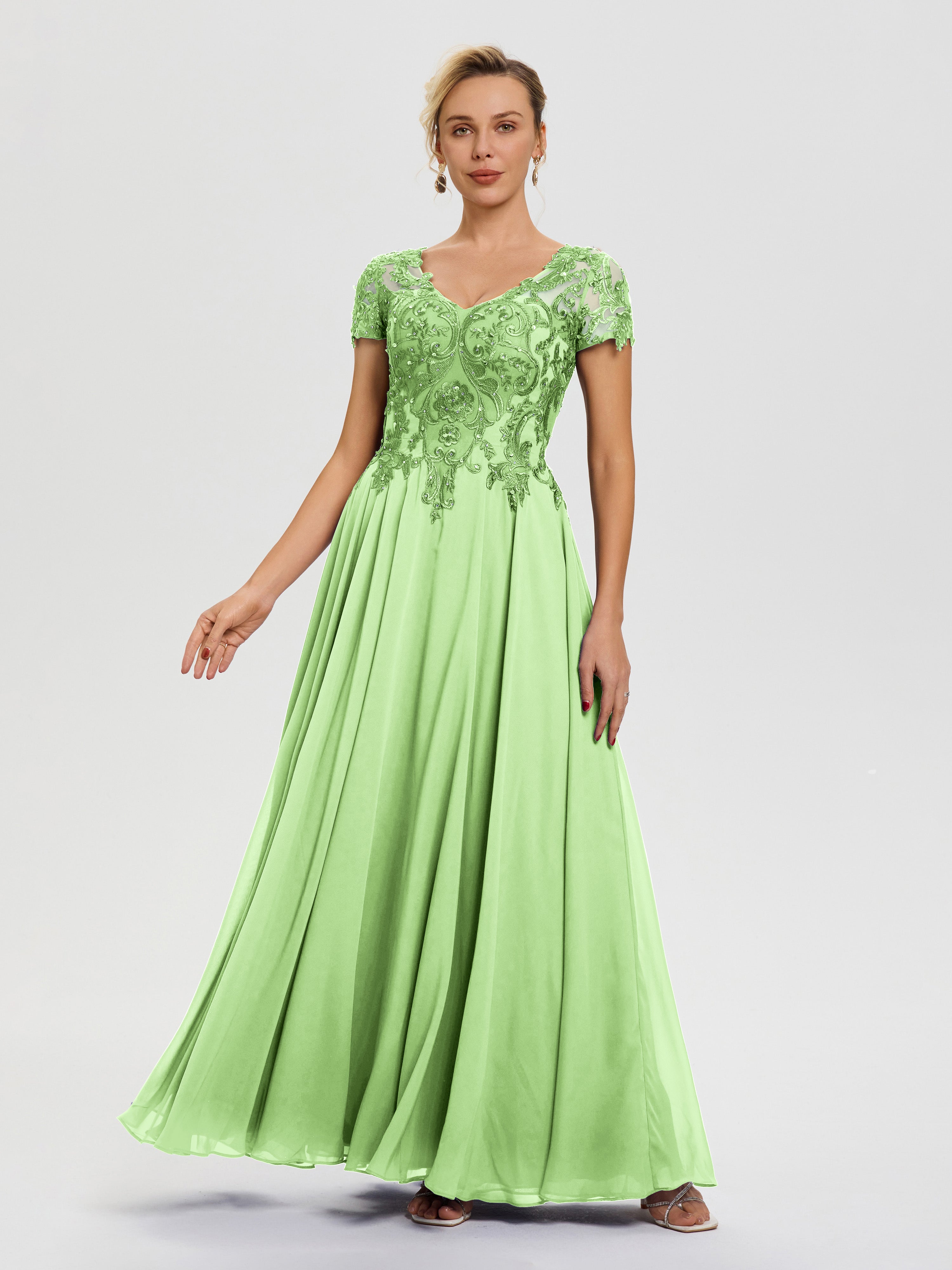 Robe Mère De La Mariée Vert Sauge Col V Mousseline & Dentelle Robe Mère De La Mariée Moderne