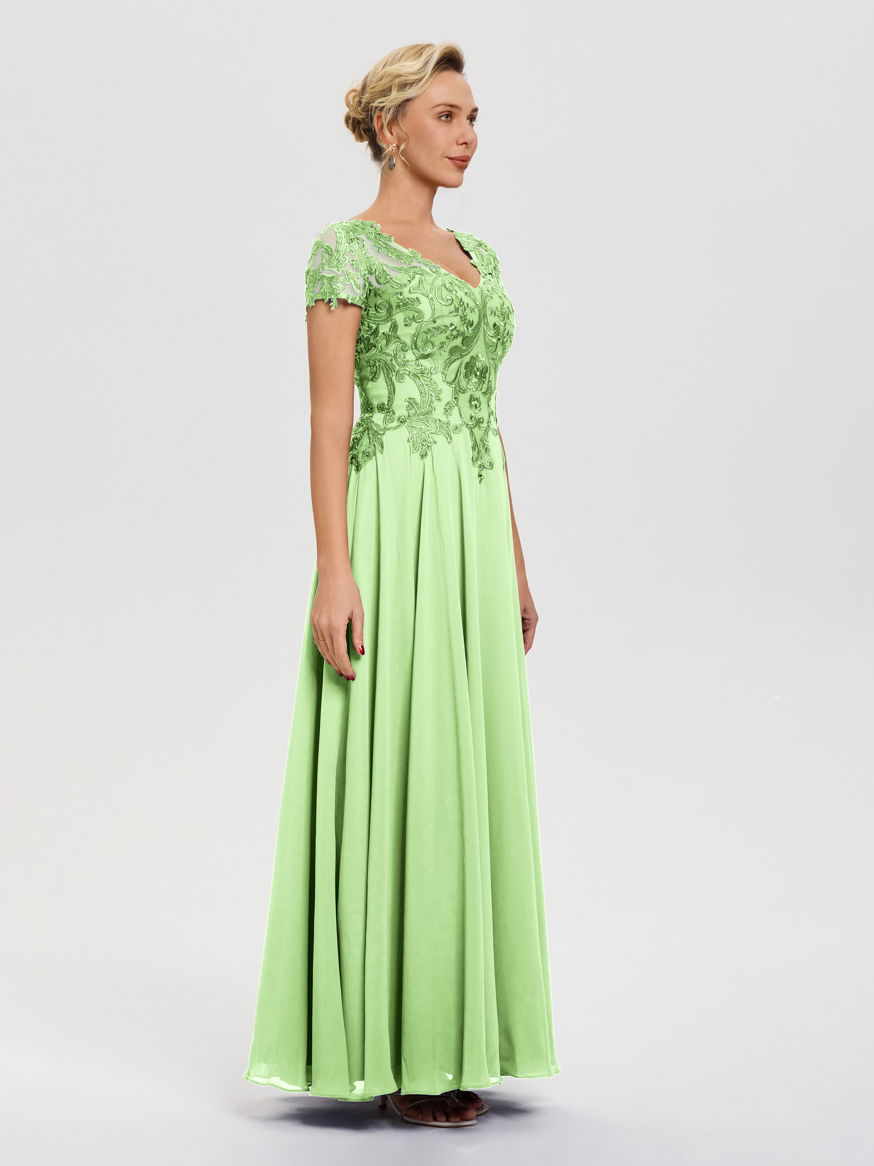 Robe Mère De La Mariée Vert Sauge Col V Mousseline & Dentelle Robe Mère De La Mariée Moderne