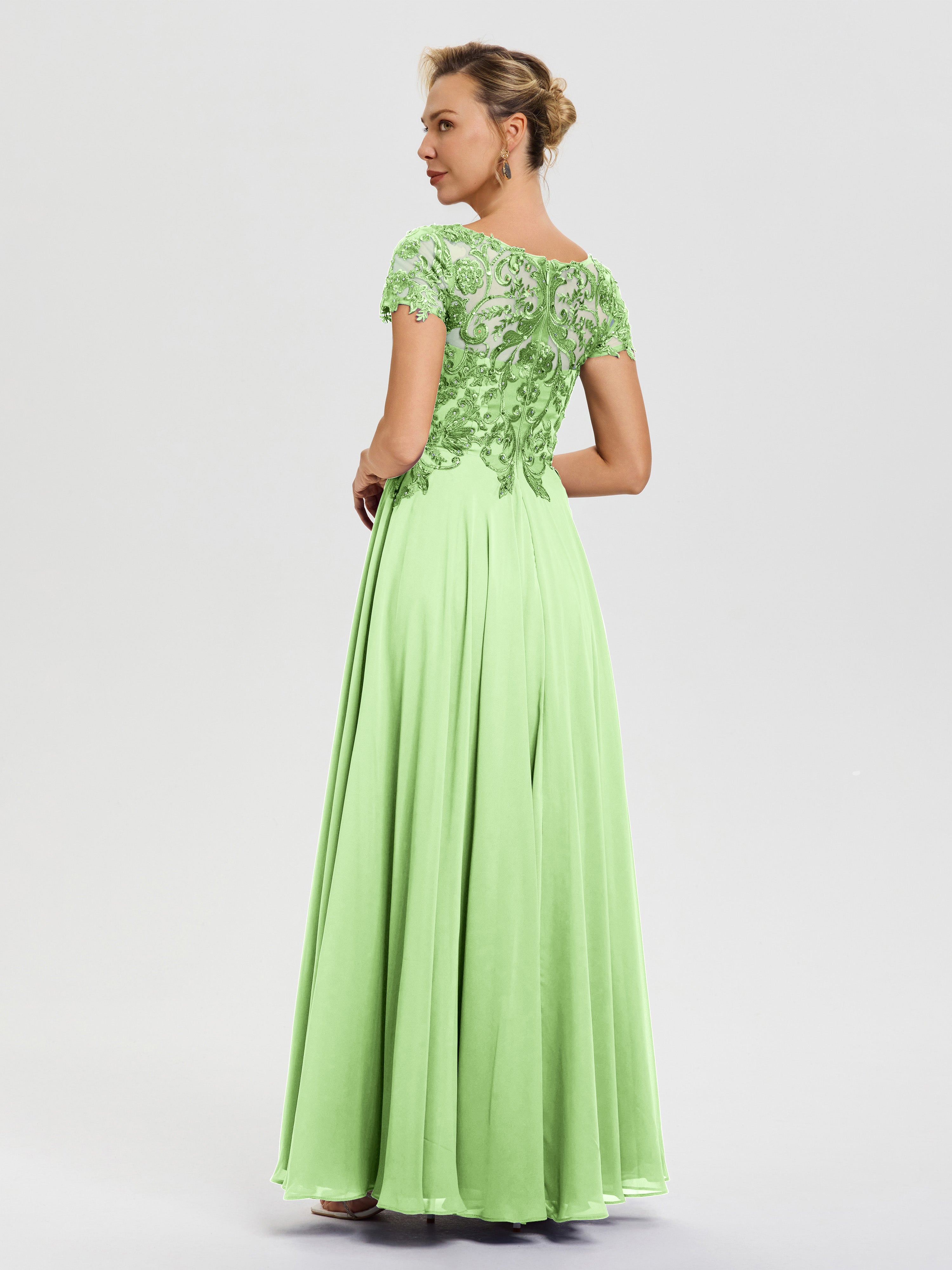 Robe Mère De La Mariée Vert Sauge Col V Mousseline & Dentelle Robe Mère De La Mariée Moderne