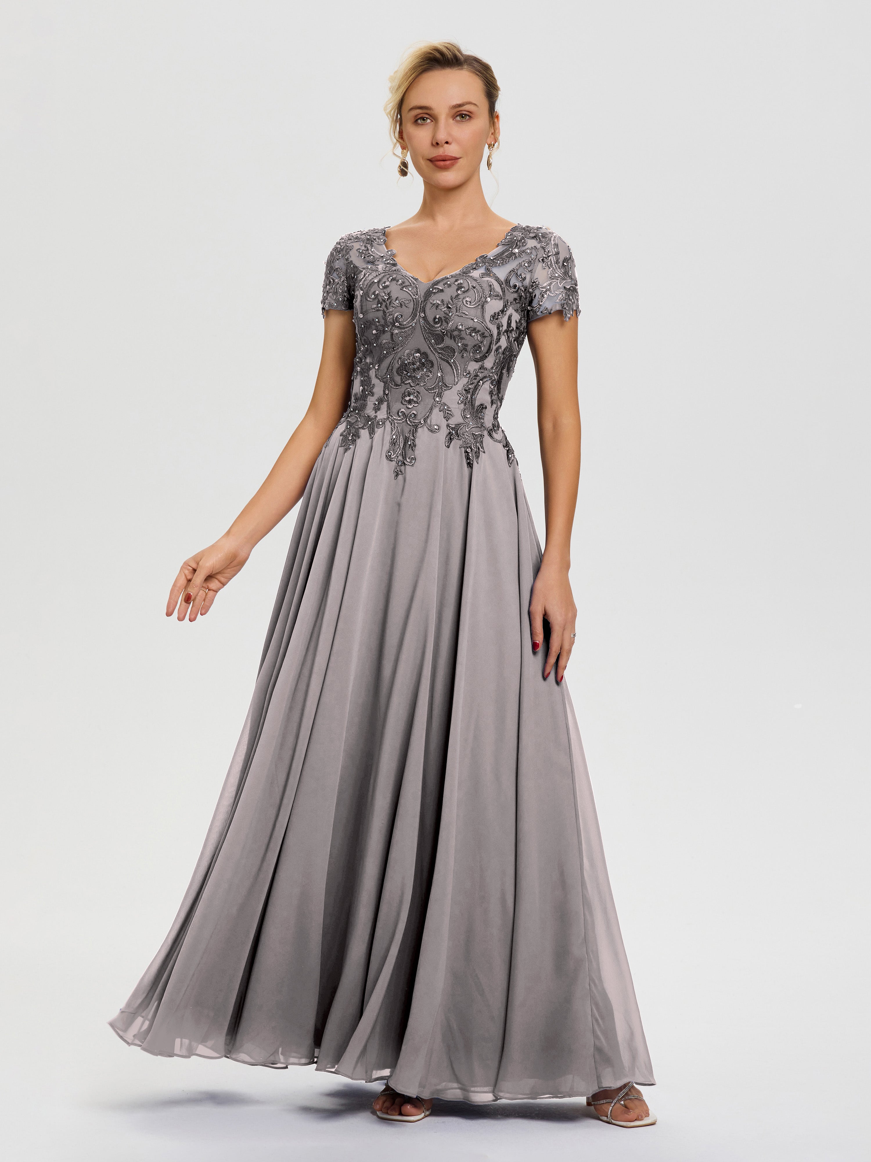 Robe Pour La Mère De La Mariée Argent Col V Mousseline & Dentelle Robe Mère De La Mariée Moderne