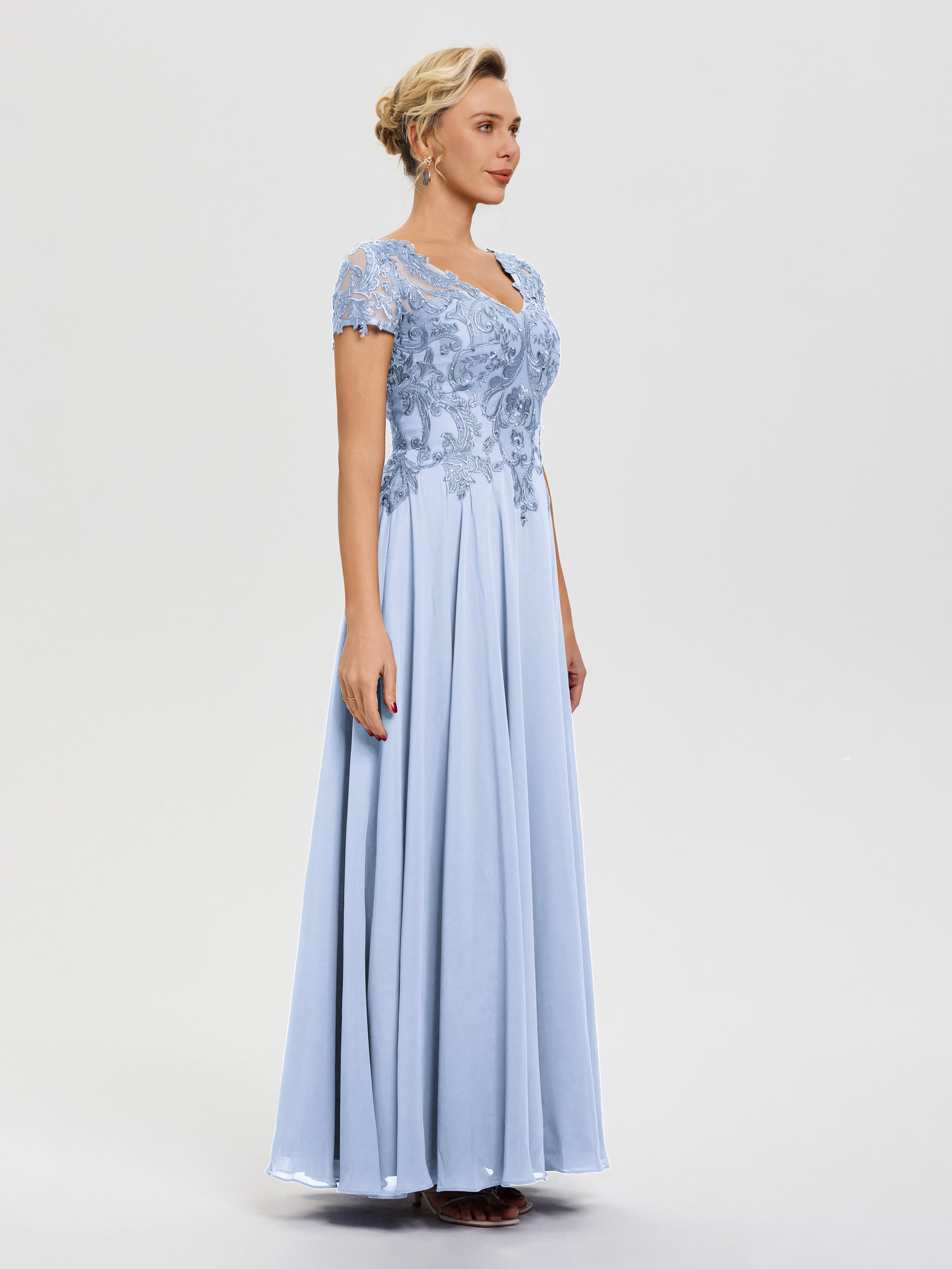 Robe Pour La Mère De La Mariée Bleu Ciel Col V Mousseline & Dentelle Robe Mère De La Mariée Moderne