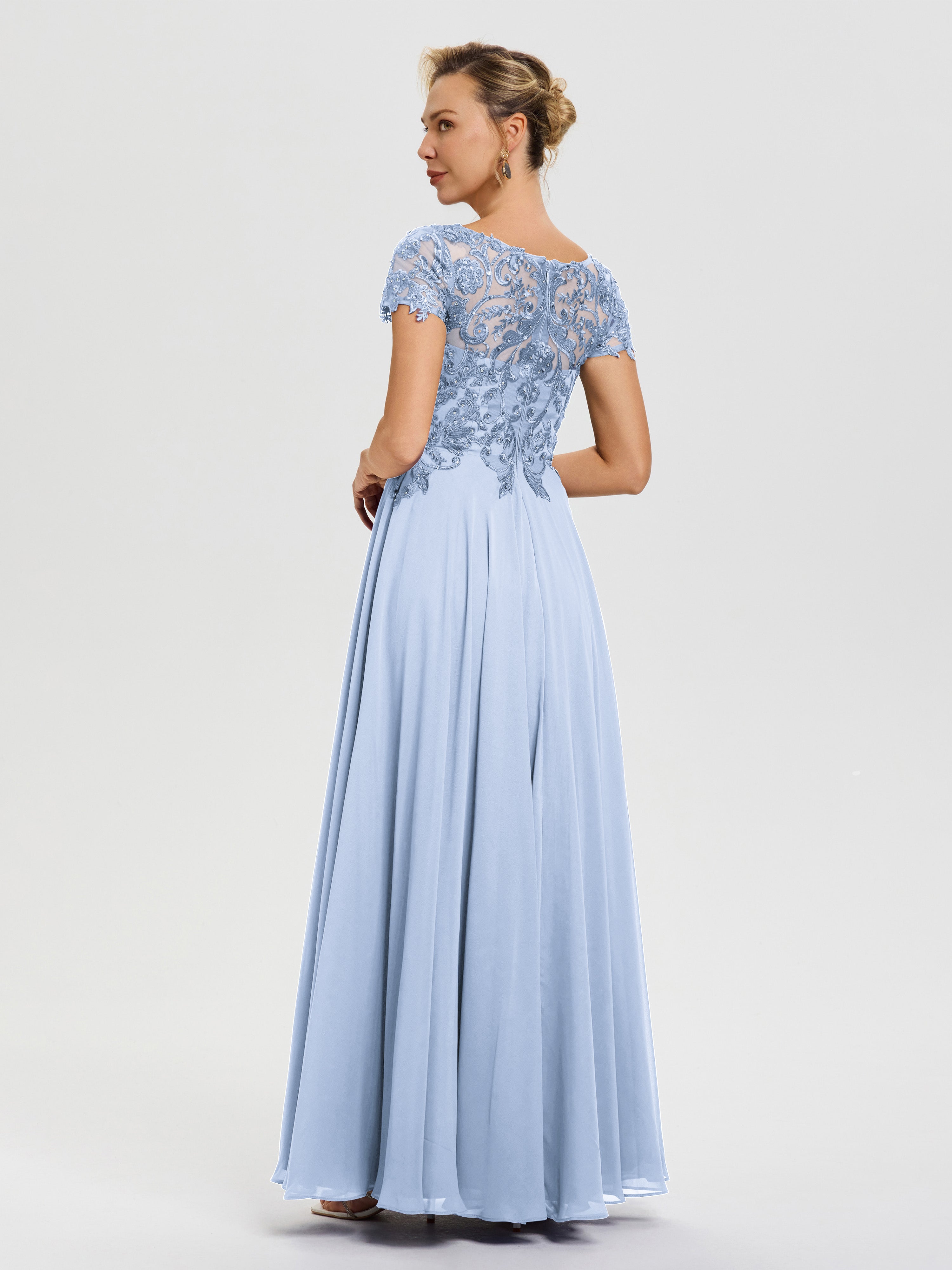 Robe Pour La Mère De La Mariée Bleu Ciel Col V Mousseline & Dentelle Robe Mère De La Mariée Moderne