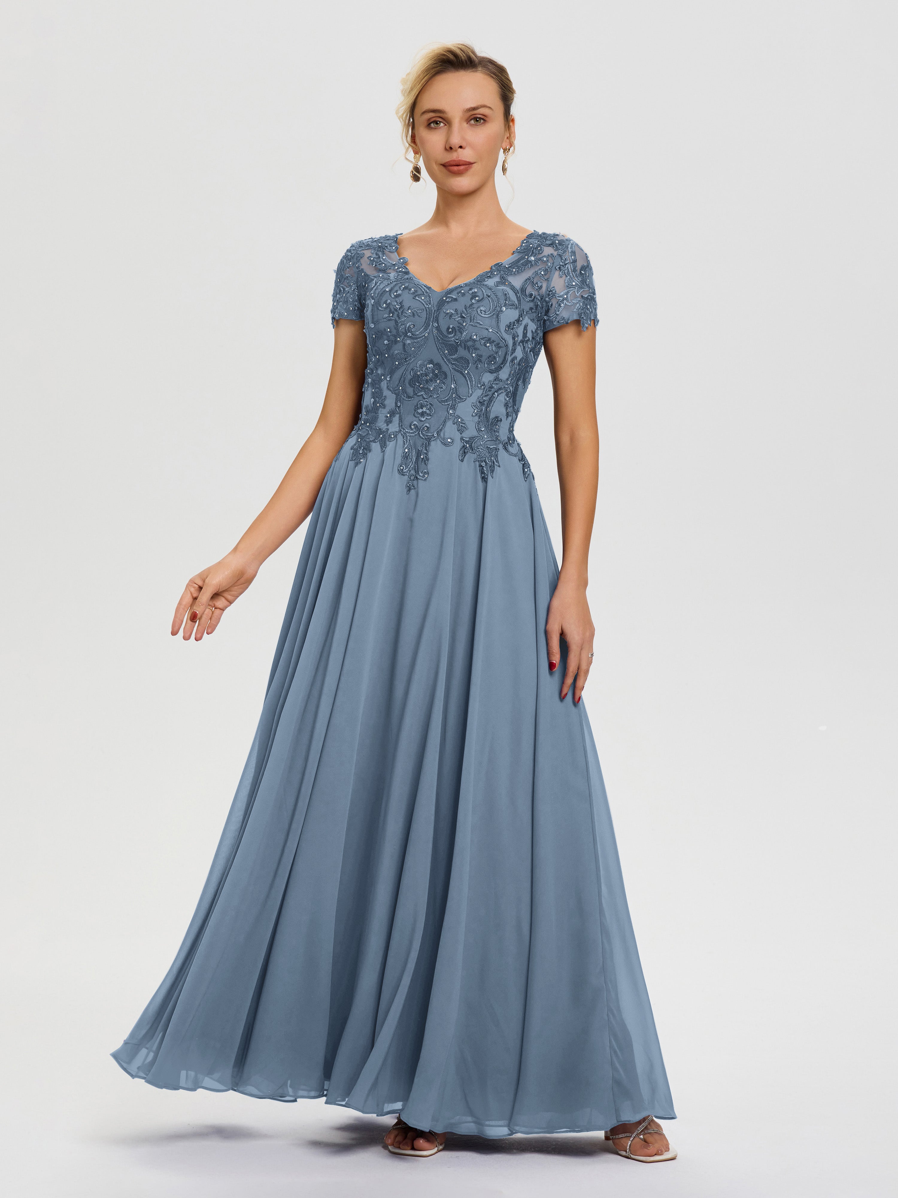 Robe Mère De La Mariée Bleu De Schiste Col V Mousseline & Dentelle Robe Mère De La Mariée Moderne