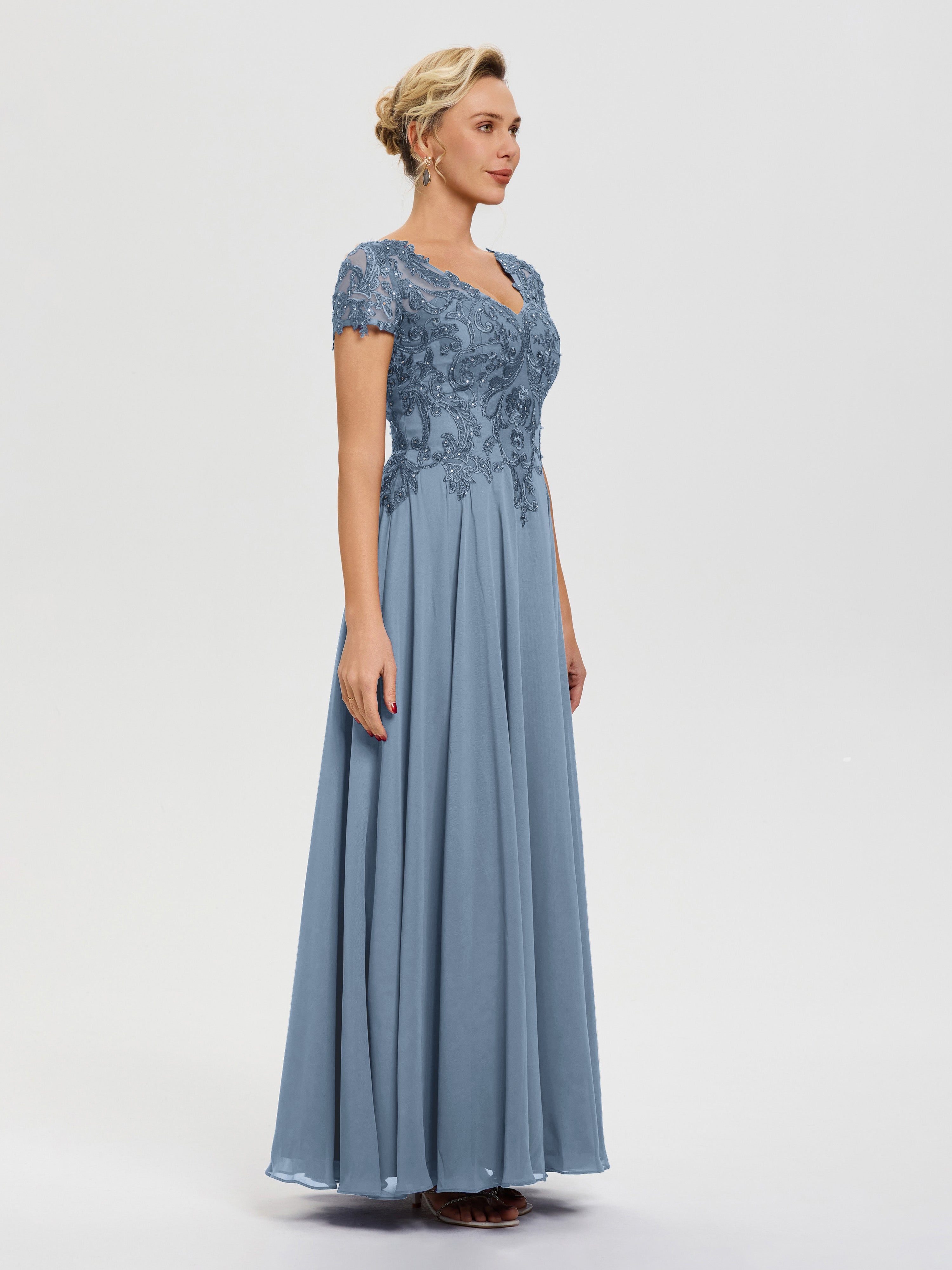 Robe Mère De La Mariée Bleu De Schiste Col V Mousseline & Dentelle Robe Mère De La Mariée Moderne