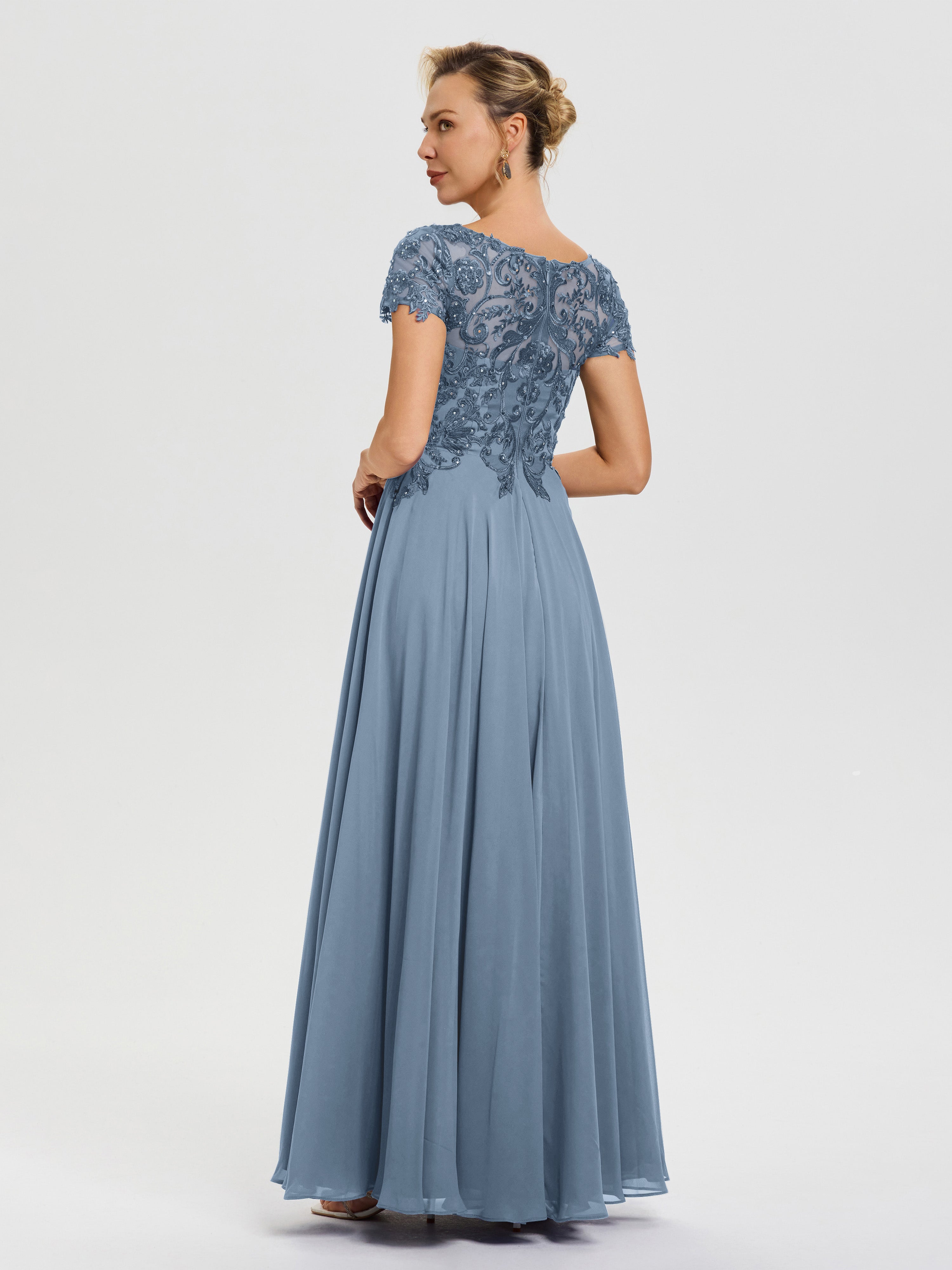 Robe Mère De La Mariée Bleu De Schiste Col V Mousseline & Dentelle Robe Mère De La Mariée Moderne