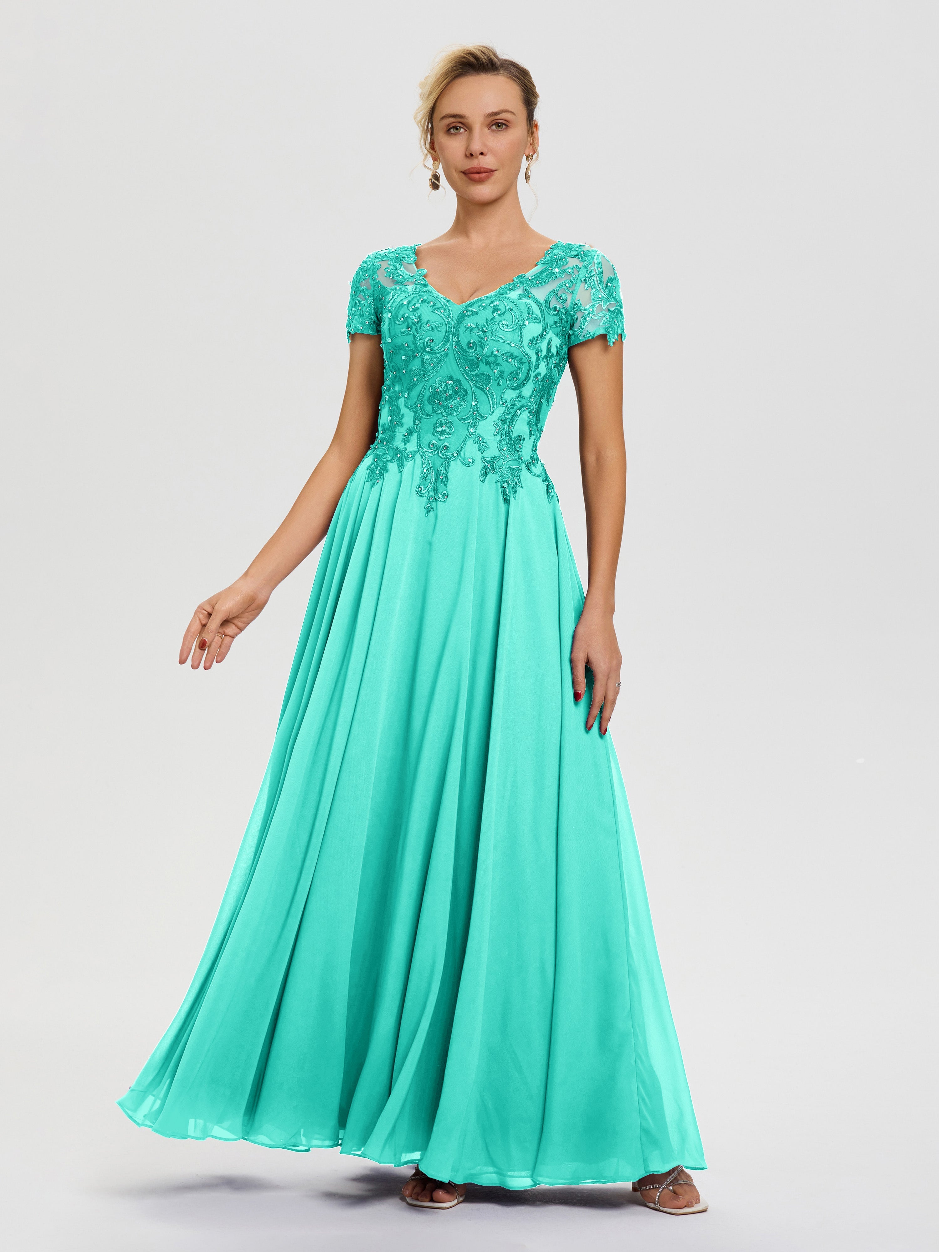 Robe Cérémonie Mère Du Marié Spa Col V Mousseline & Dentelle Robe Mère De La Mariée Moderne