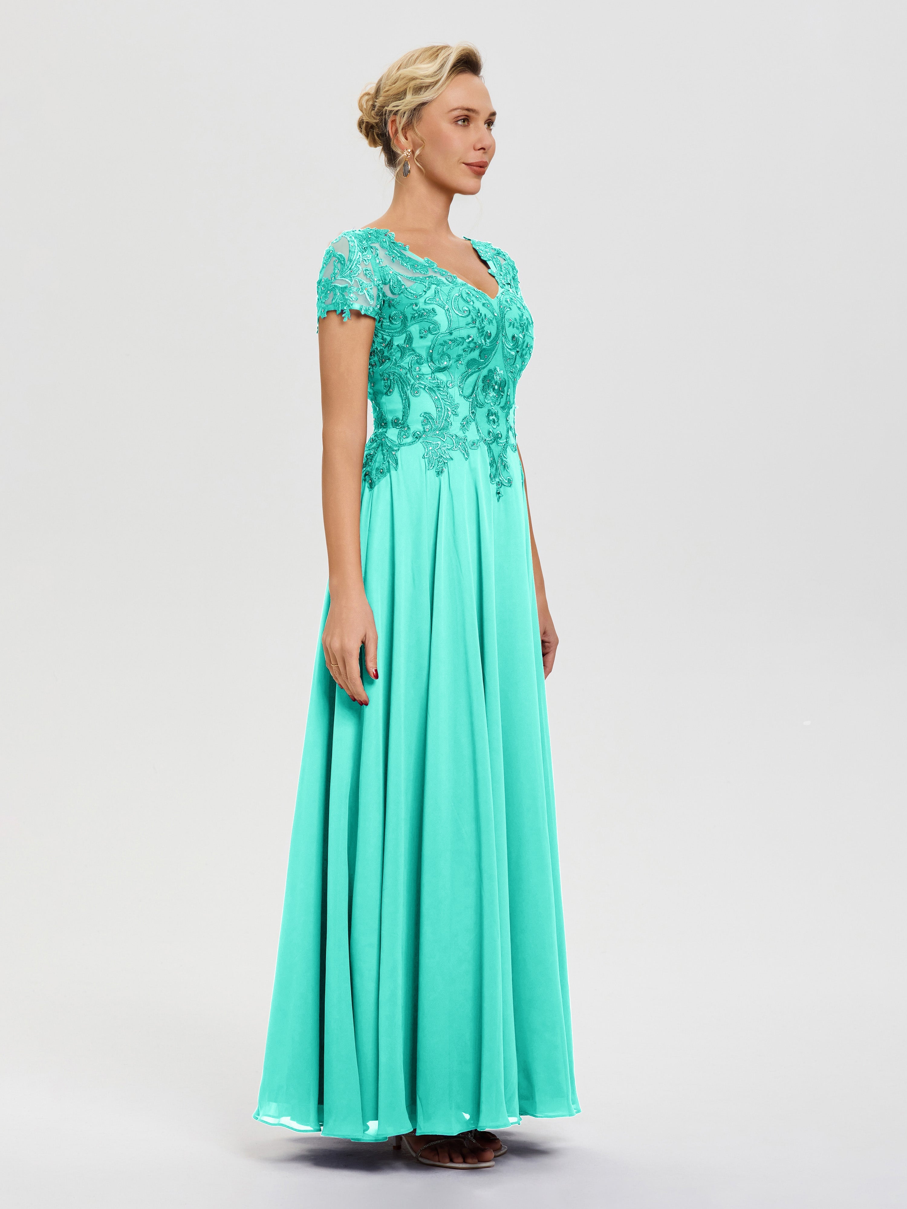 Robe Cérémonie Mère Du Marié Spa Col V Mousseline & Dentelle Robe Mère De La Mariée Moderne