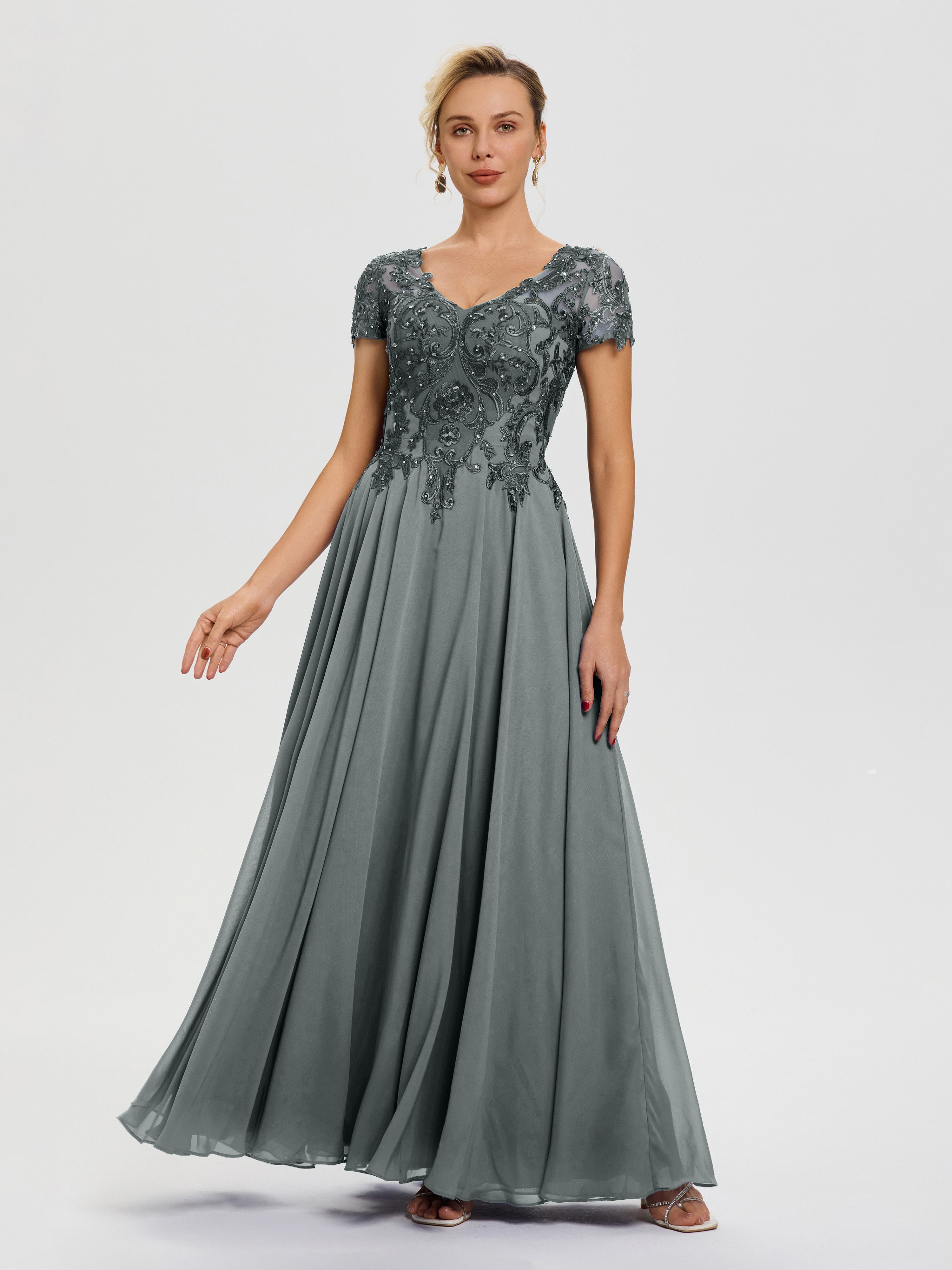 Robe Mariage Mère Du Marié Gris Acier Col V Mousseline & Dentelle Robe Mère De La Mariée Moderne