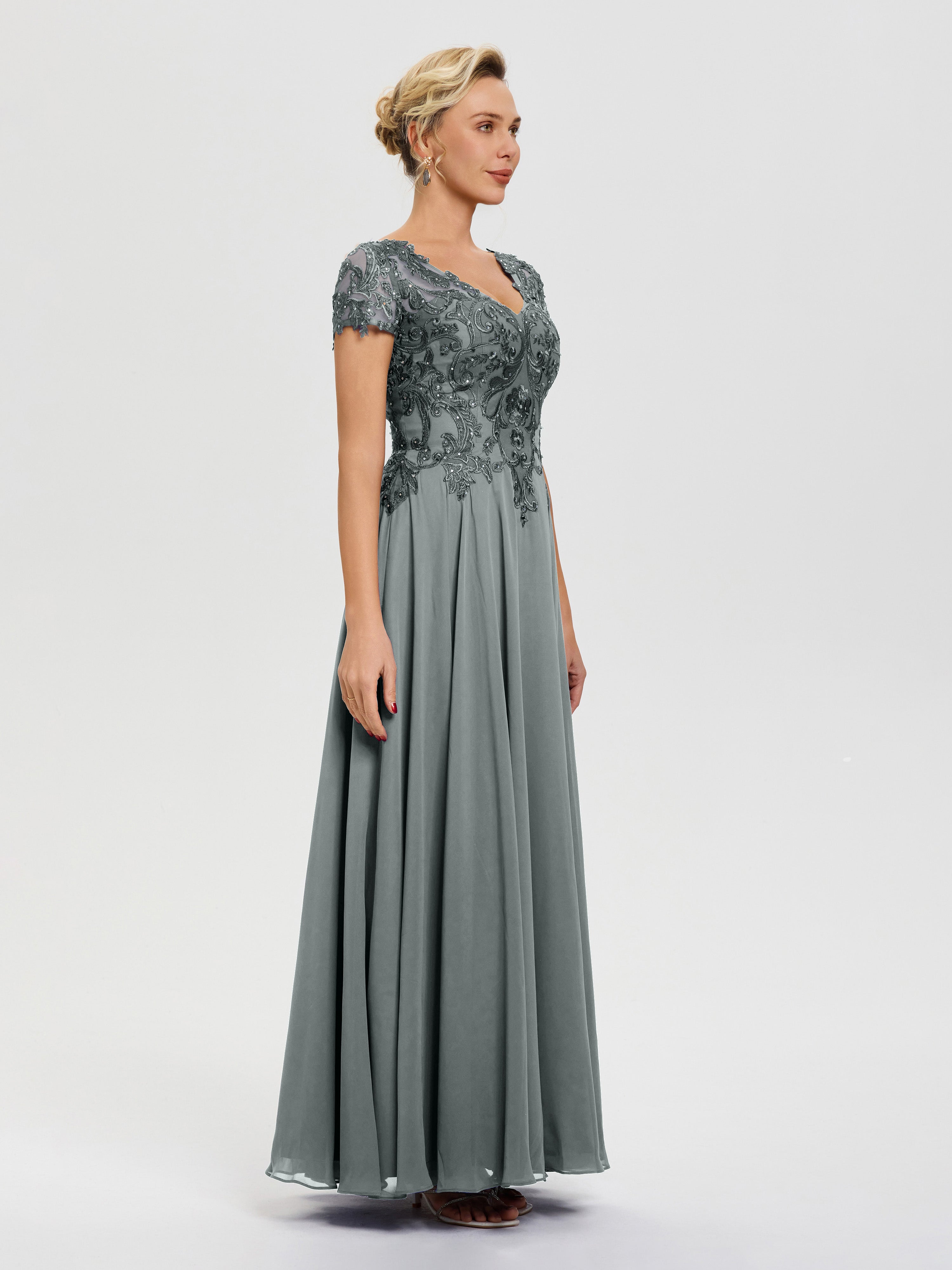 Robe Mariage Mère Du Marié Gris Acier Col V Mousseline & Dentelle Robe Mère De La Mariée Moderne