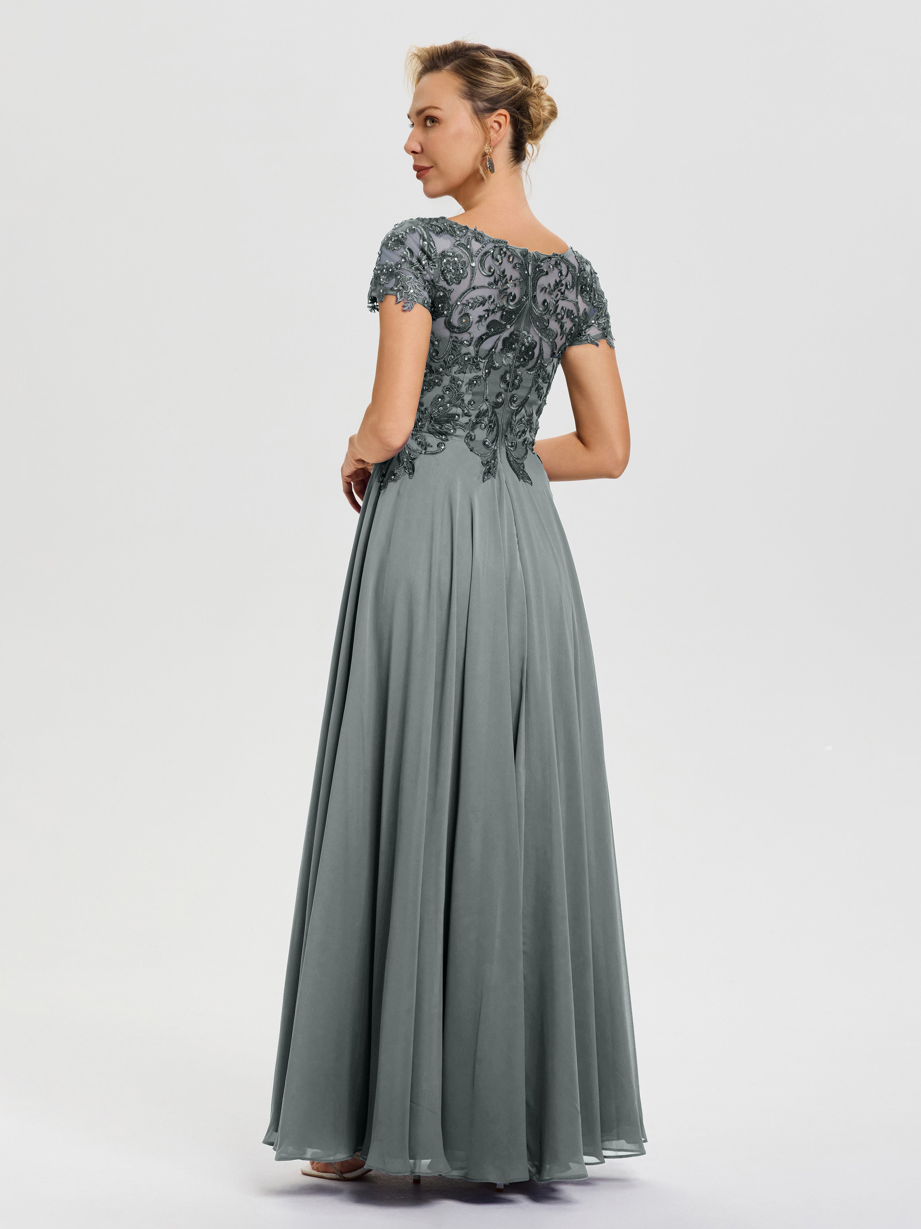 Robe Mariage Mère Du Marié Gris Acier Col V Mousseline & Dentelle Robe Mère De La Mariée Moderne