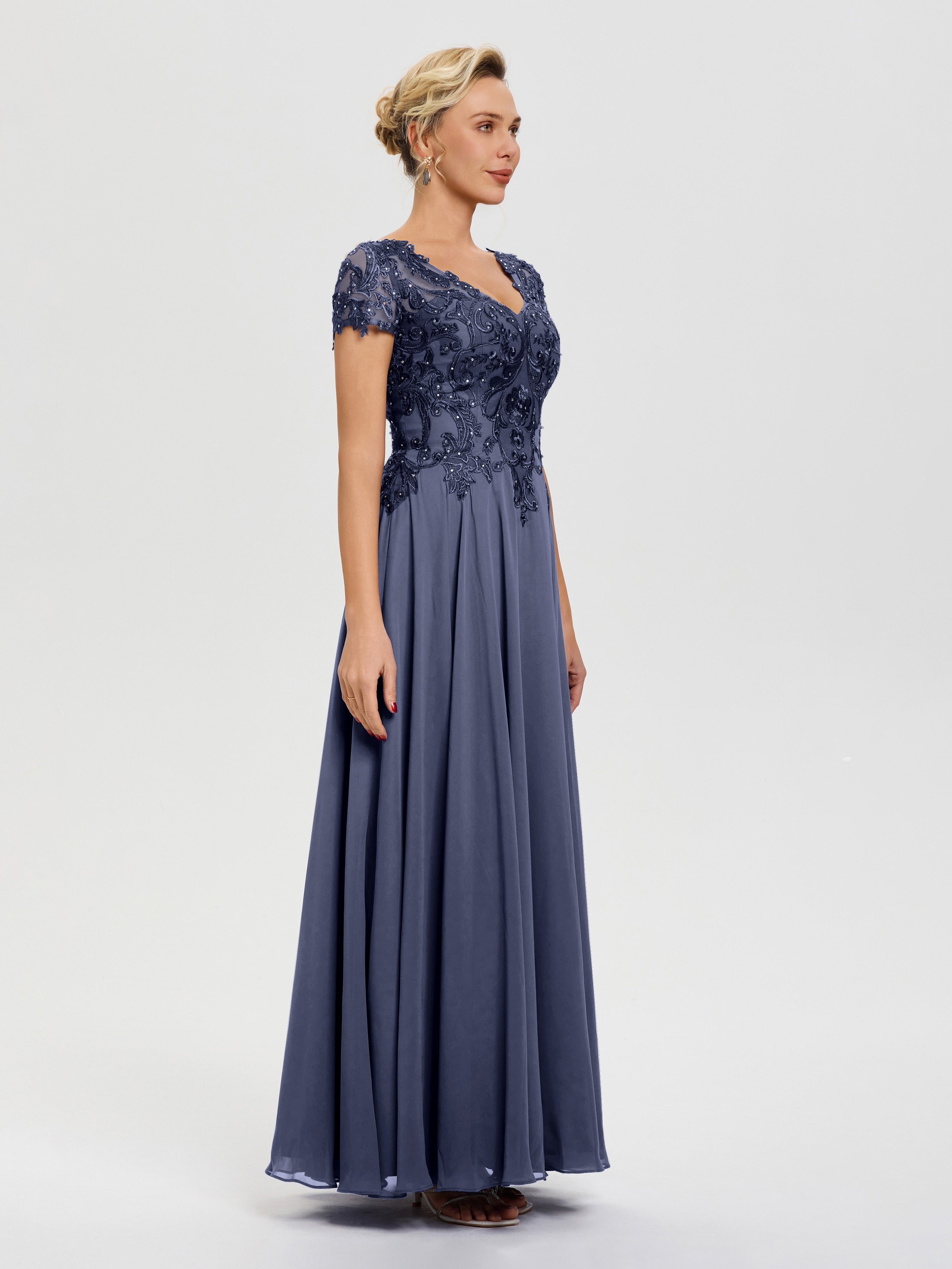Robe Mariage Mère Du Marié Orageux Col V Mousseline & Dentelle Robe Mère De La Mariée Moderne