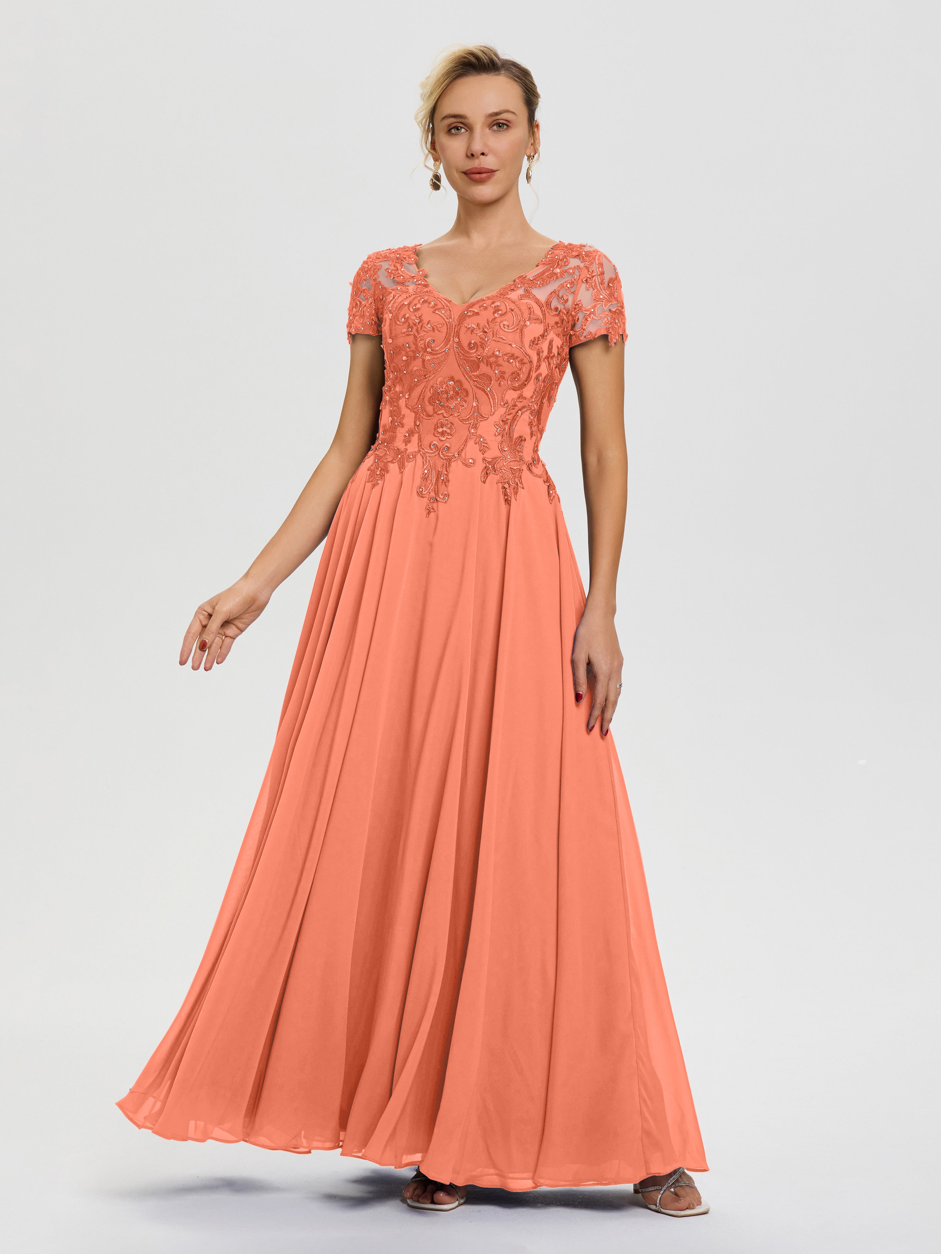 Robe Mariage Mère Du Marié Coucher De Soleil Col V Mousseline & Dentelle Robe Mère De La Mariée Moderne