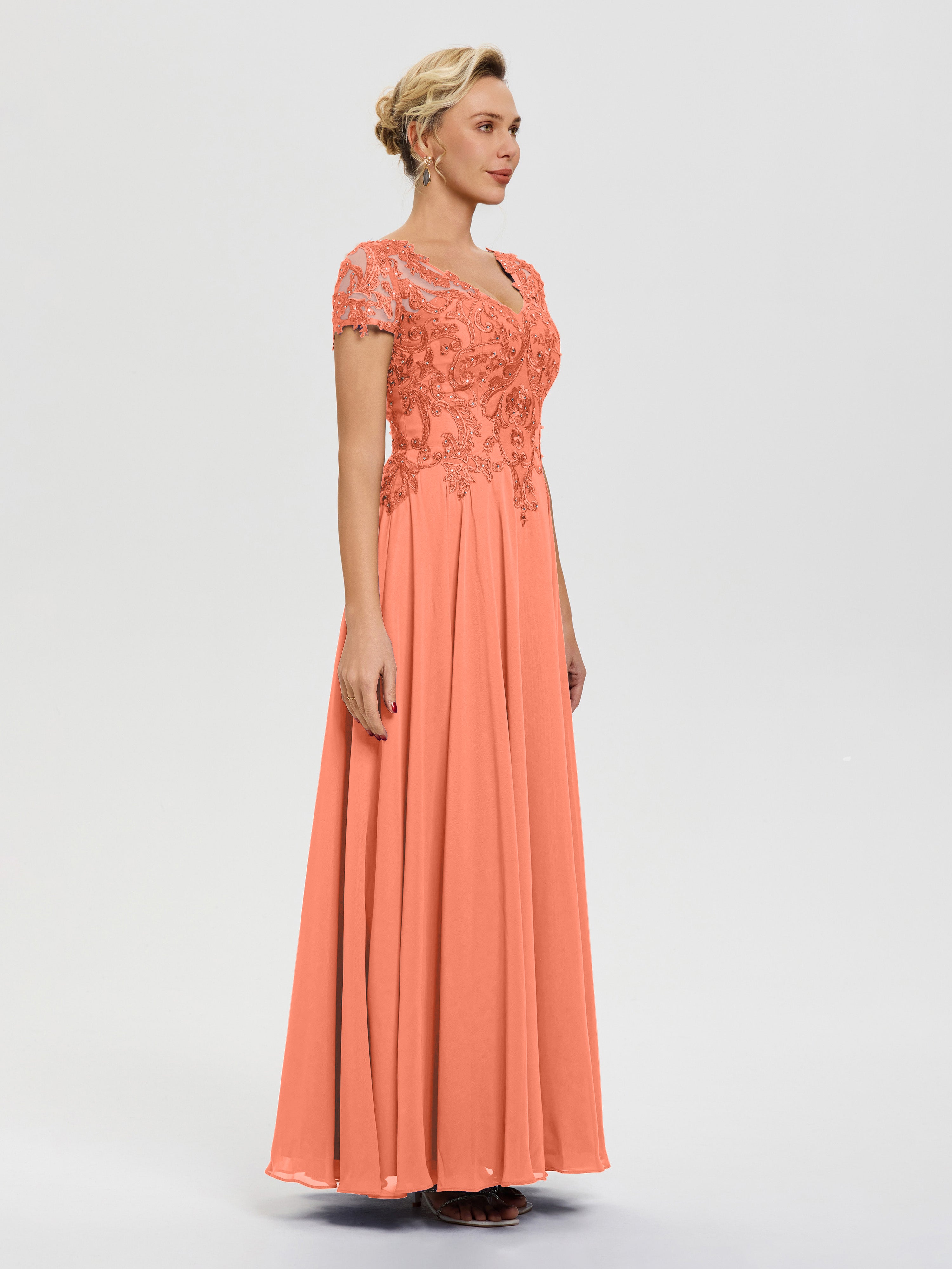 Robe Mariage Mère Du Marié Coucher De Soleil Col V Mousseline & Dentelle Robe Mère De La Mariée Moderne