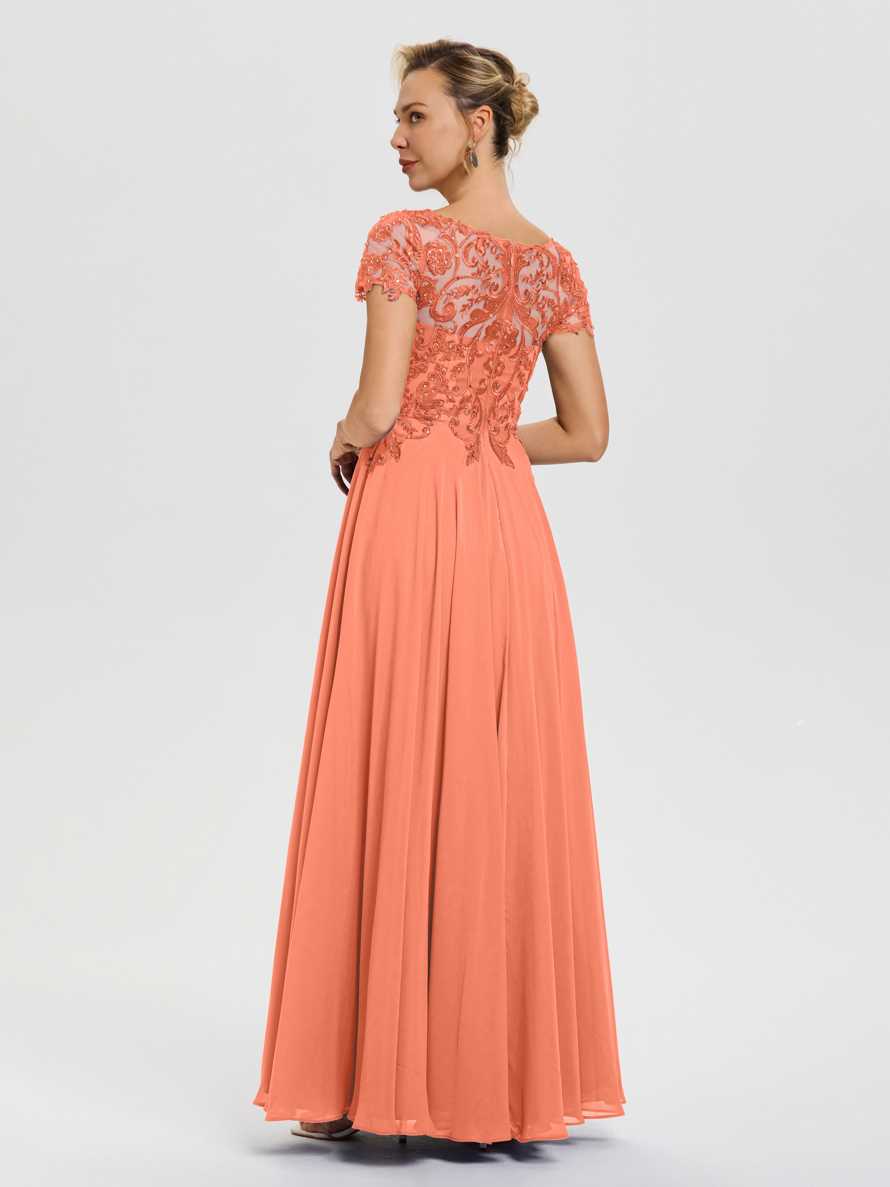 Robe Mariage Mère Du Marié Coucher De Soleil Col V Mousseline & Dentelle Robe Mère De La Mariée Moderne