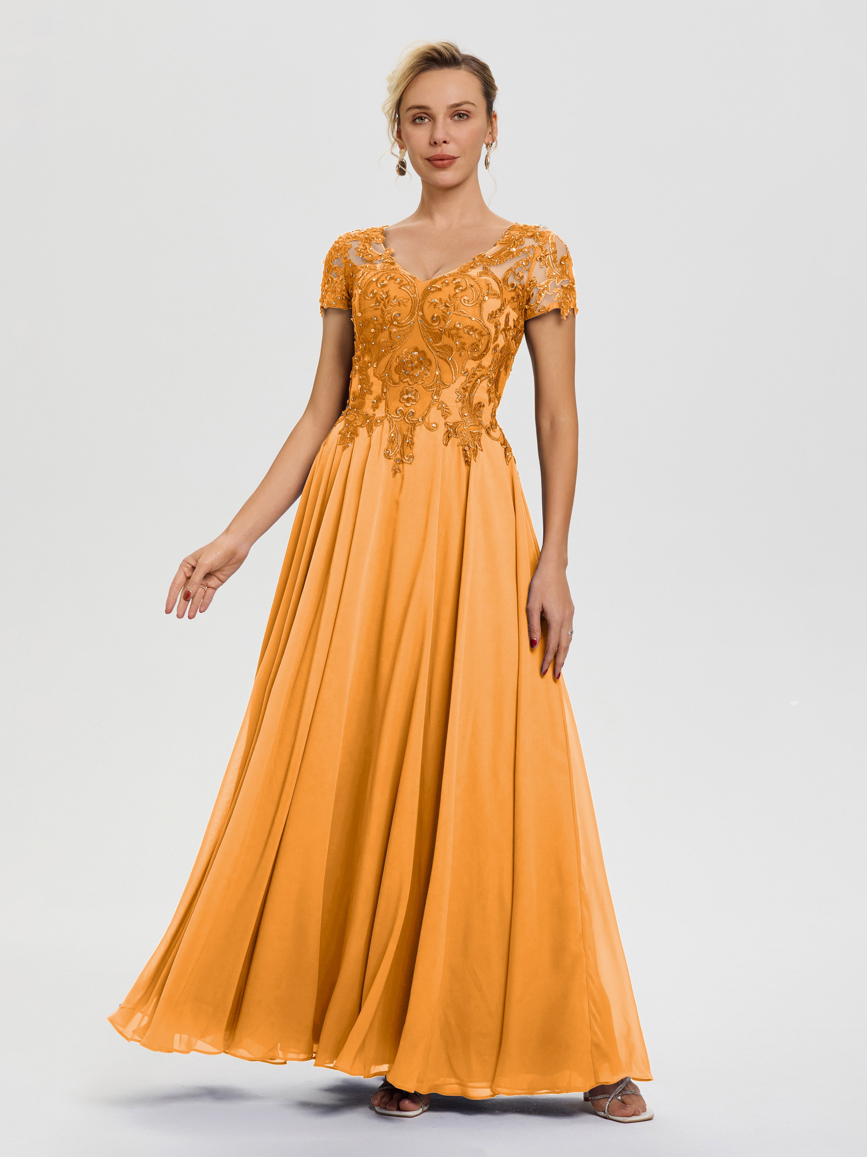 Robe Mariage Mère Du Marié Mandarine Col V Mousseline & Dentelle Robe Mère De La Mariée Moderne