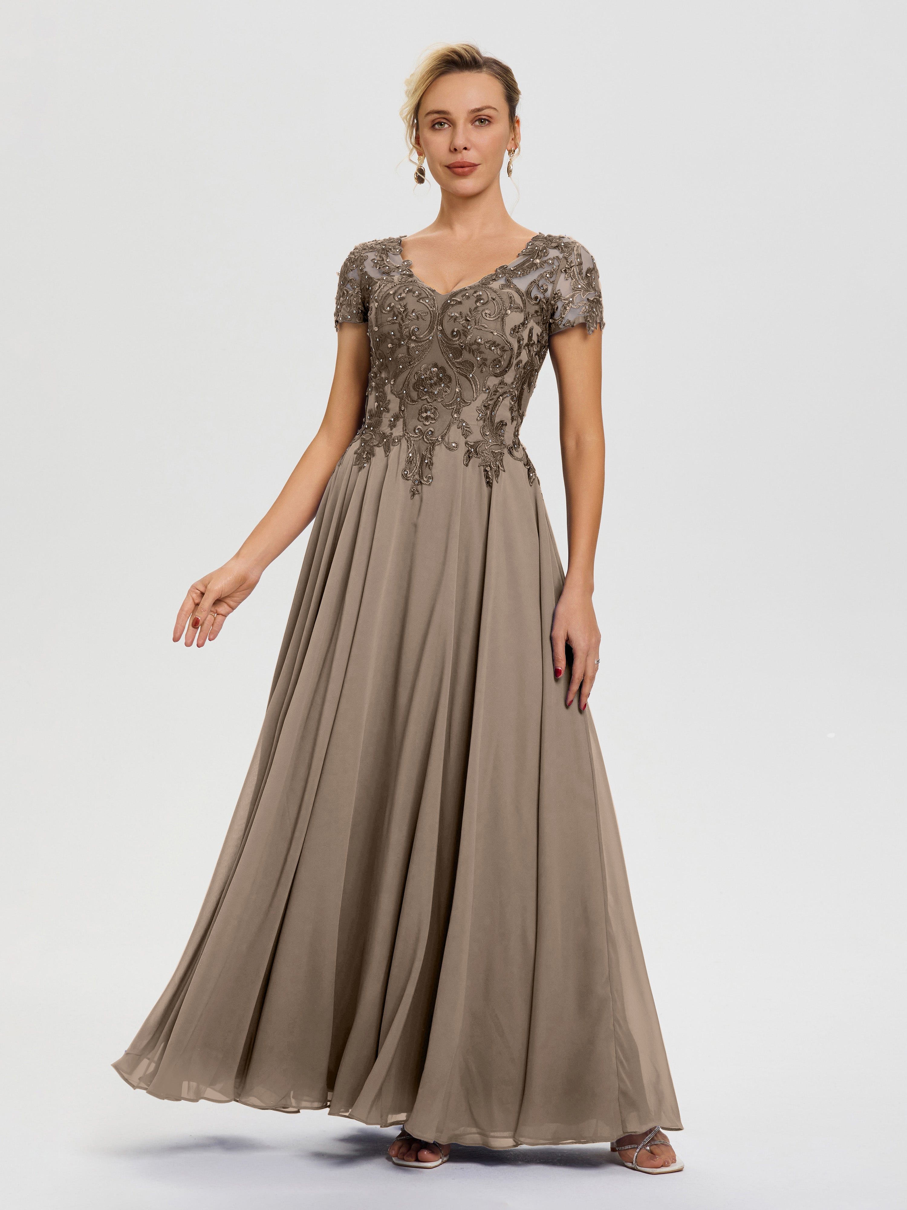 Robe Cérémonie Mère Du Marié Taupe Col V Mousseline & Dentelle Robe Mère De La Mariée Moderne