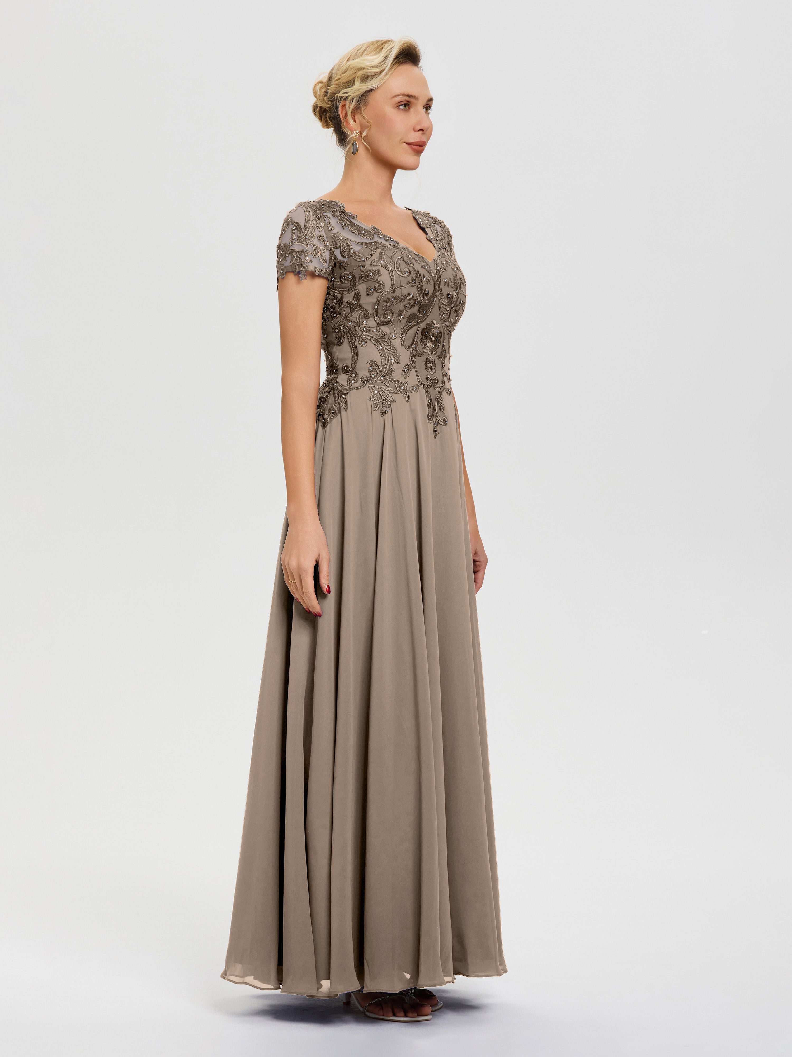 Robe Cérémonie Mère Du Marié Taupe Col V Mousseline & Dentelle Robe Mère De La Mariée Moderne