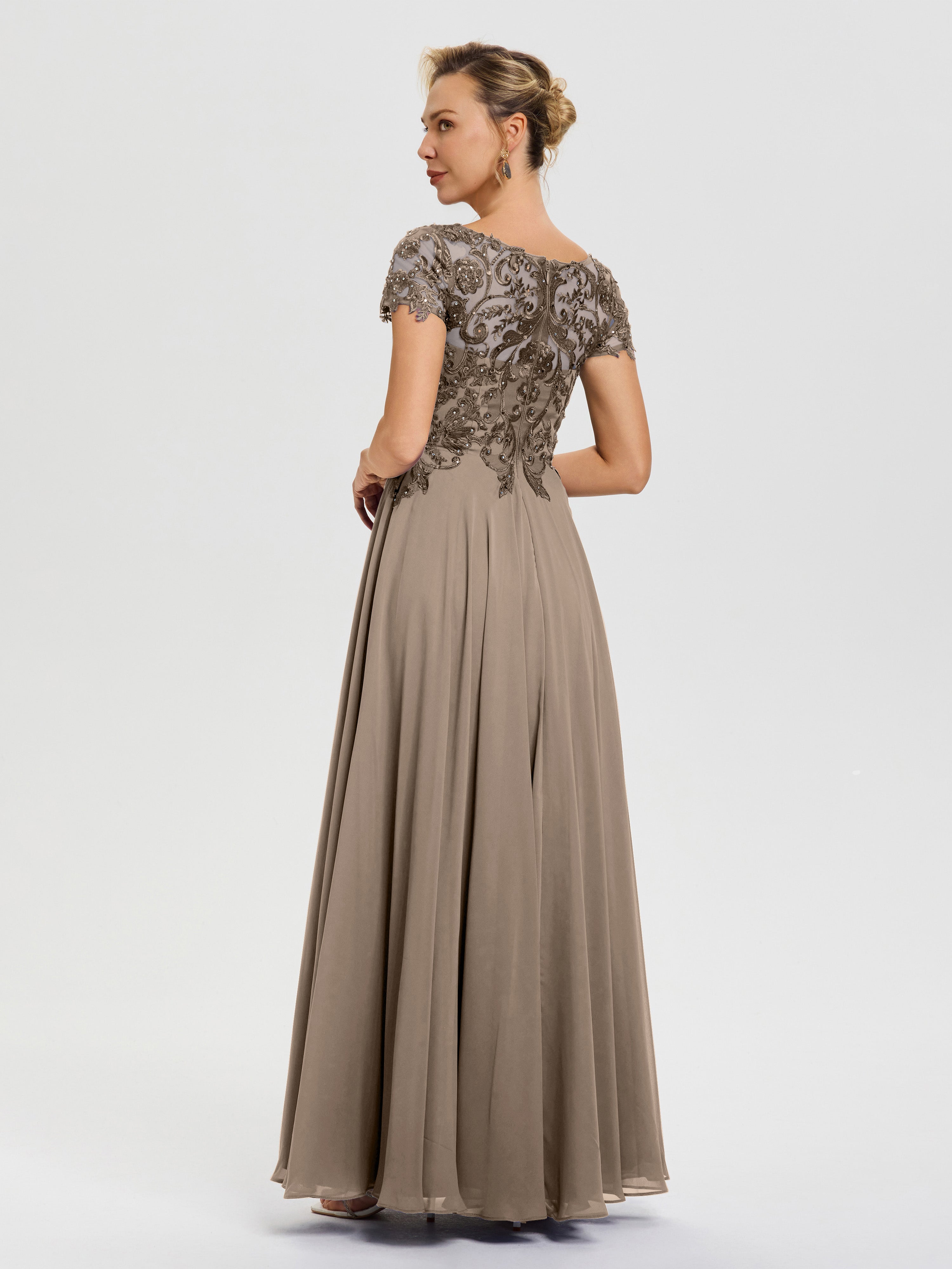 Robe Cérémonie Mère Du Marié Taupe Col V Mousseline & Dentelle Robe Mère De La Mariée Moderne