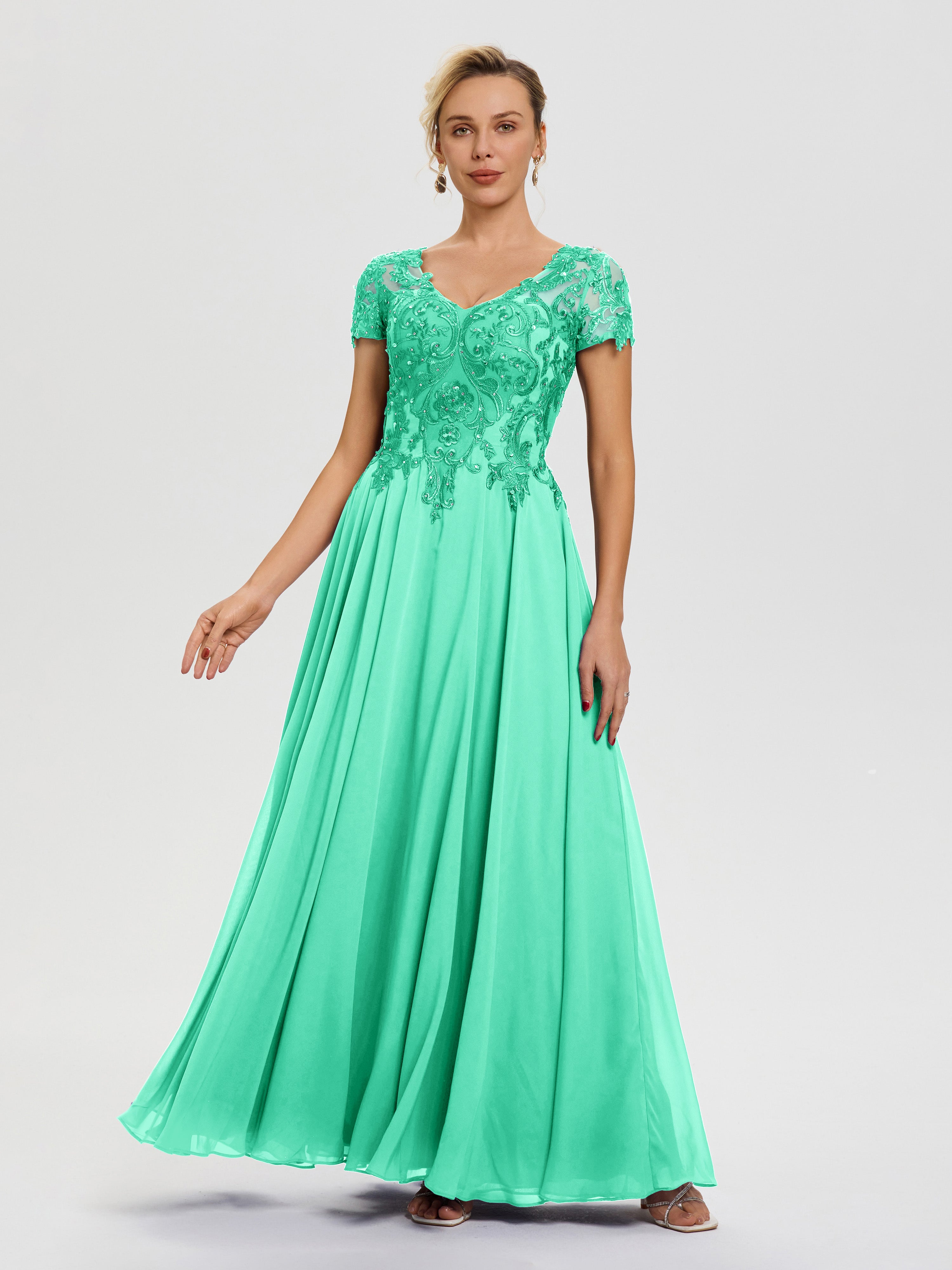 Robes Pour La Mère De La Mariée Turquoise Col V Mousseline & Dentelle Robe Mère De La Mariée Moderne