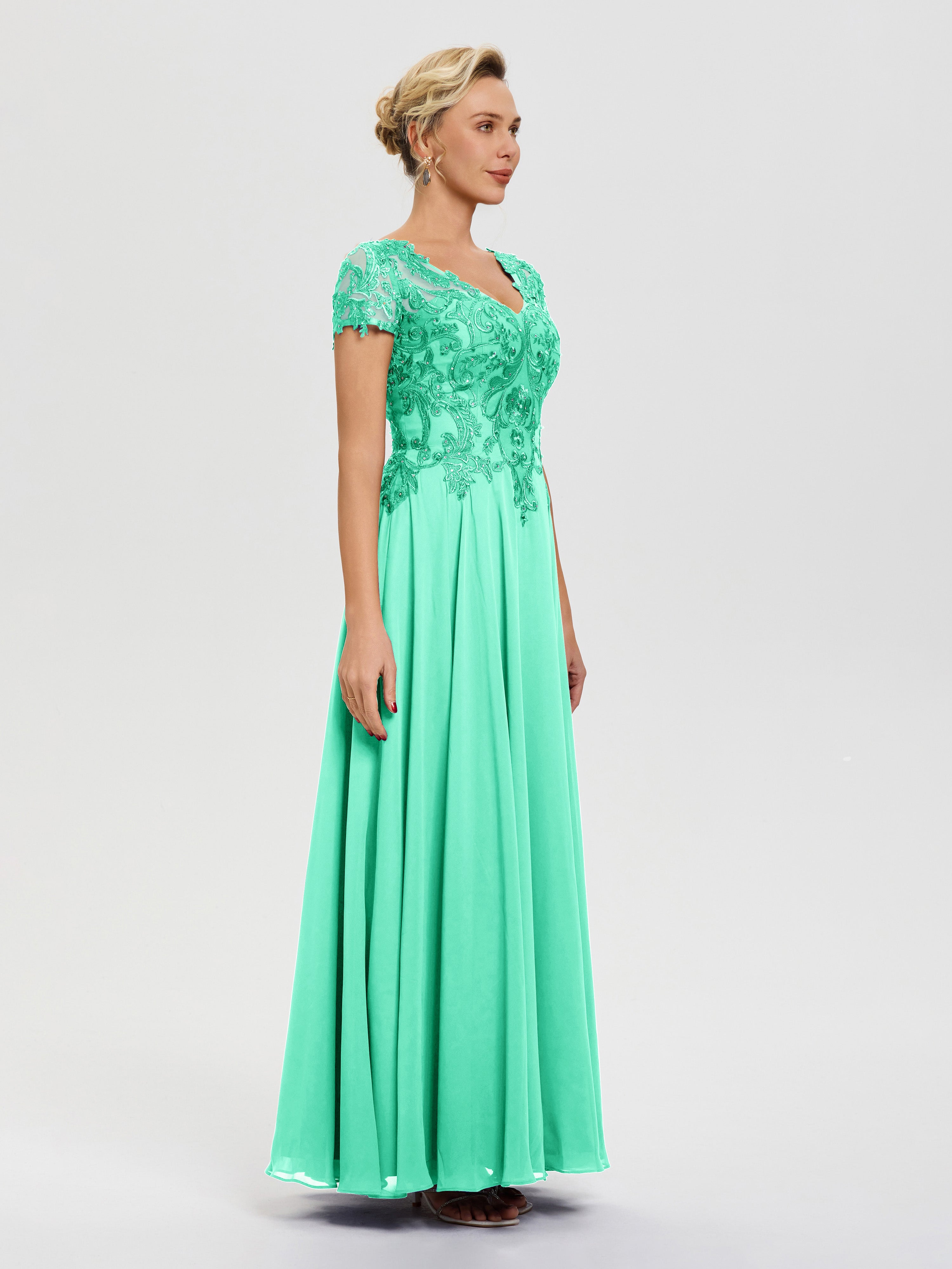 Robes Pour La Mère De La Mariée Turquoise Col V Mousseline & Dentelle Robe Mère De La Mariée Moderne