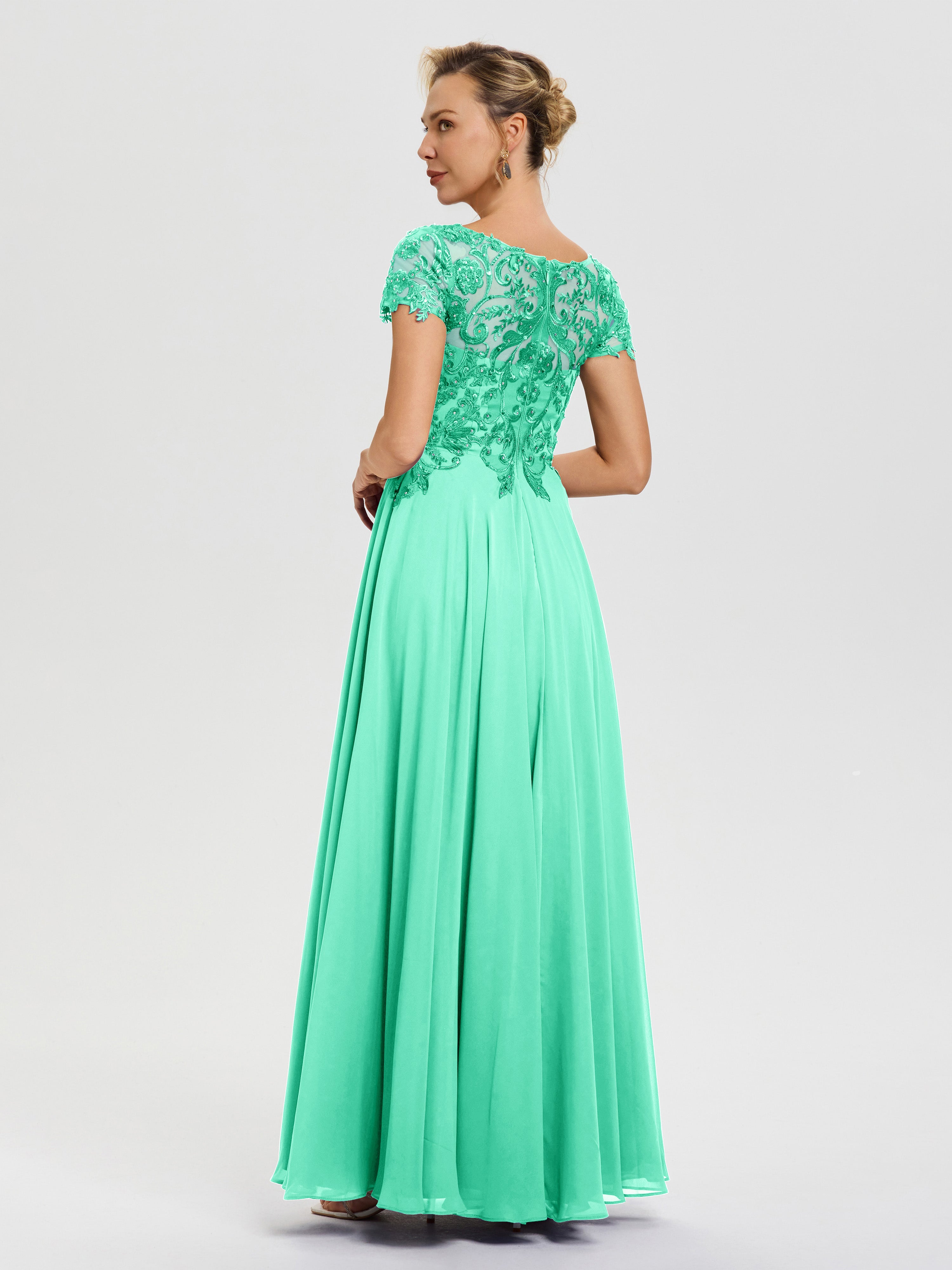 Robes Pour La Mère De La Mariée Turquoise Col V Mousseline & Dentelle Robe Mère De La Mariée Moderne