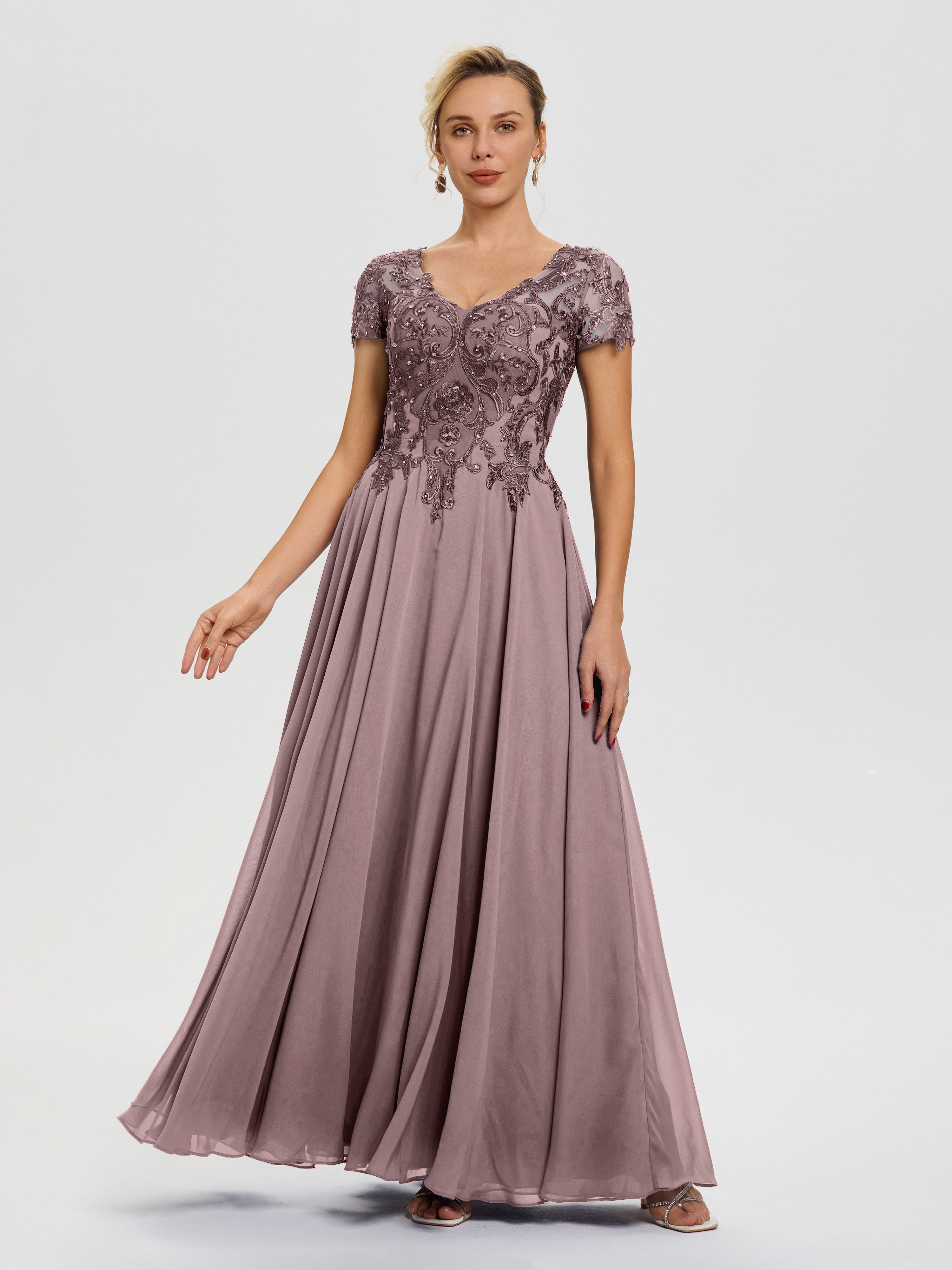 Robes Pour La Mère De La Mariée Vintage Mauve Col V Mousseline & Dentelle Robe Mère De La Mariée Moderne