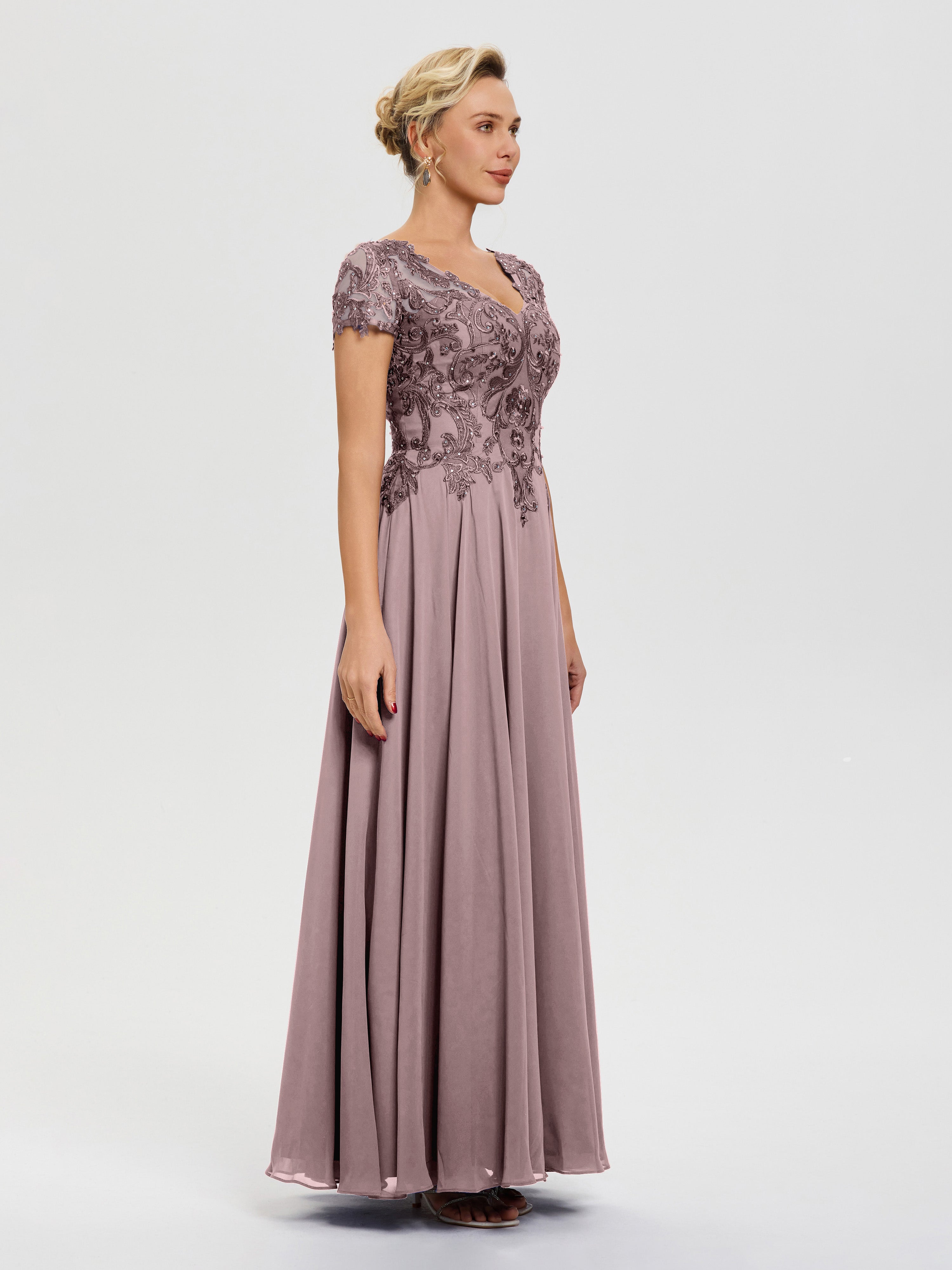 Robes Pour La Mère De La Mariée Vintage Mauve Col V Mousseline & Dentelle Robe Mère De La Mariée Moderne