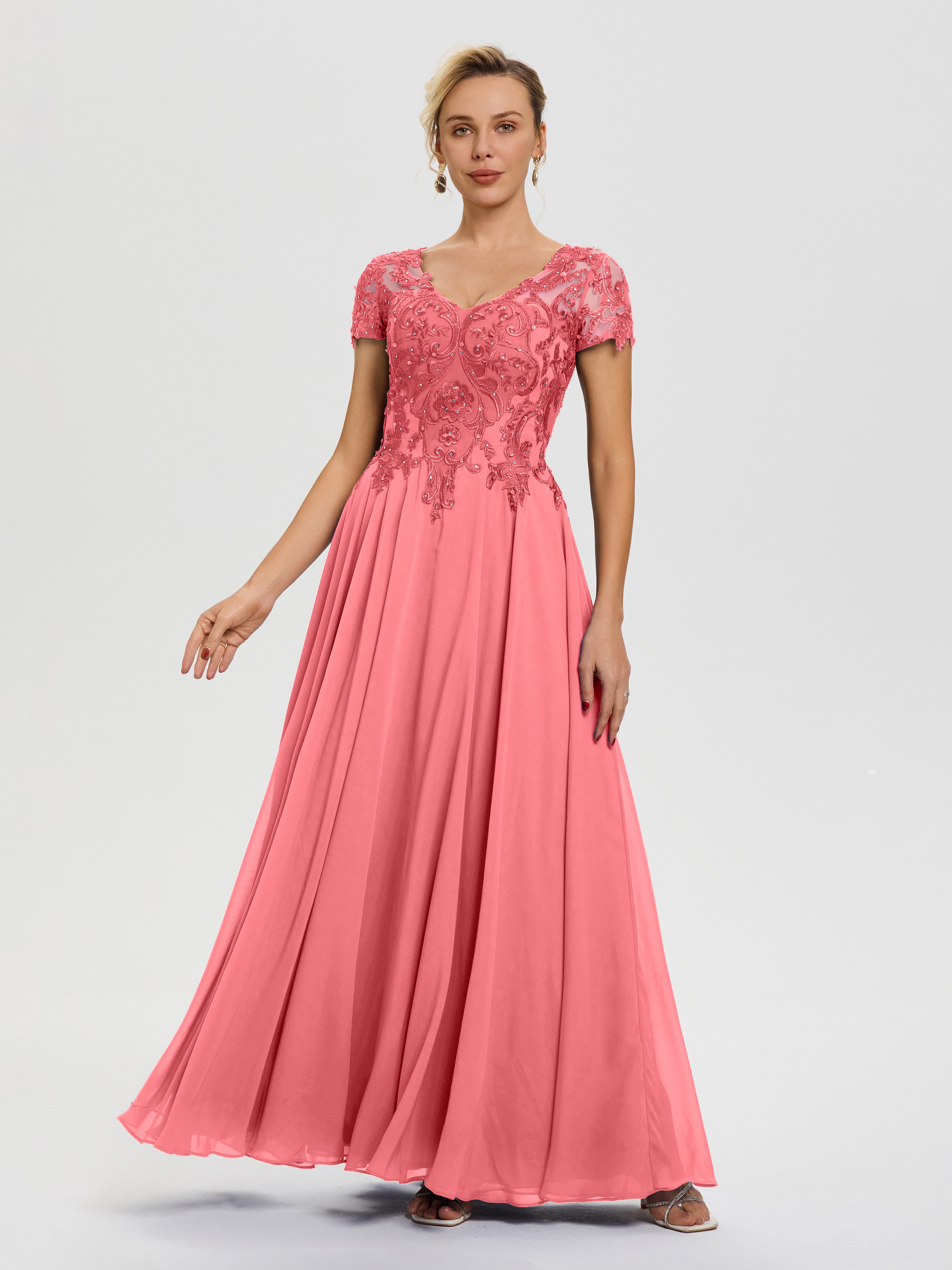 Robe Pour Mère De Mariée Pastèque Col V Mousseline & Dentelle Robe Mère De La Mariée Moderne