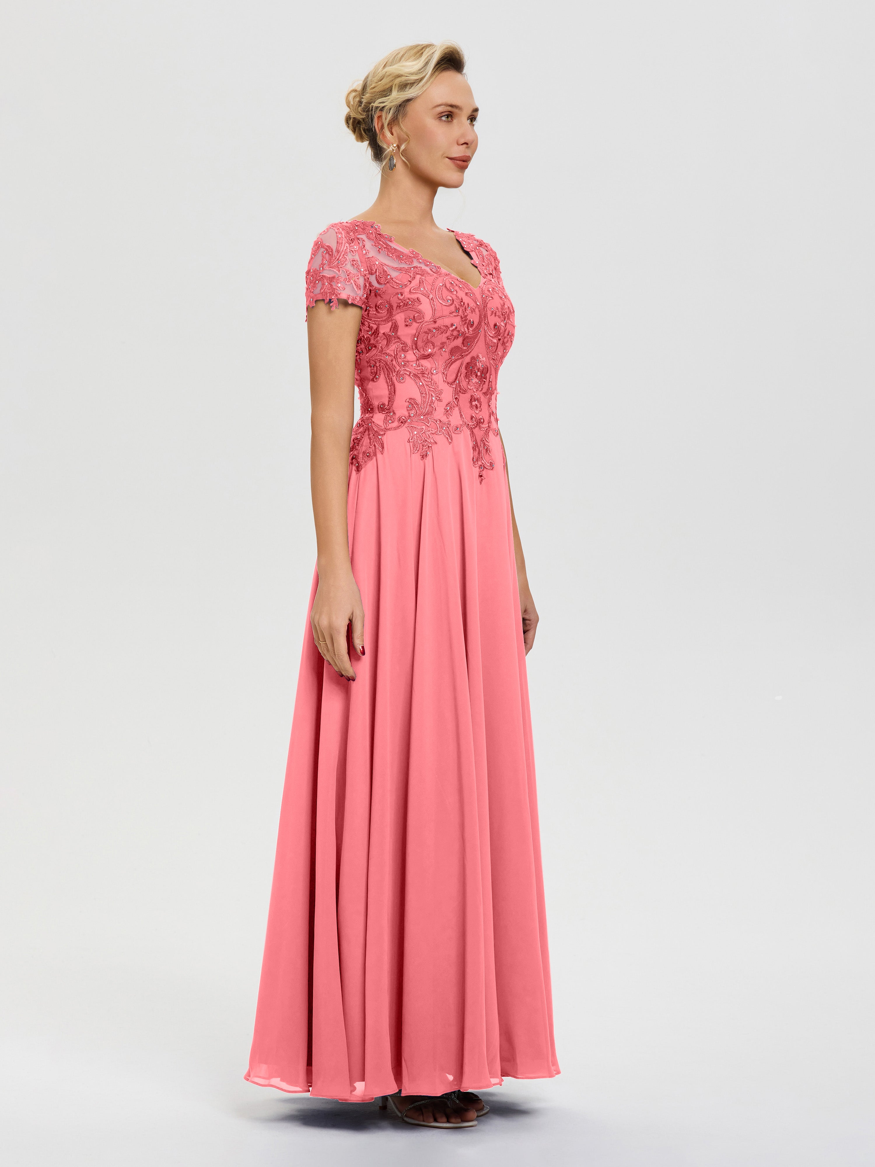 Robe Pour Mère De Mariée Pastèque Col V Mousseline & Dentelle Robe Mère De La Mariée Moderne