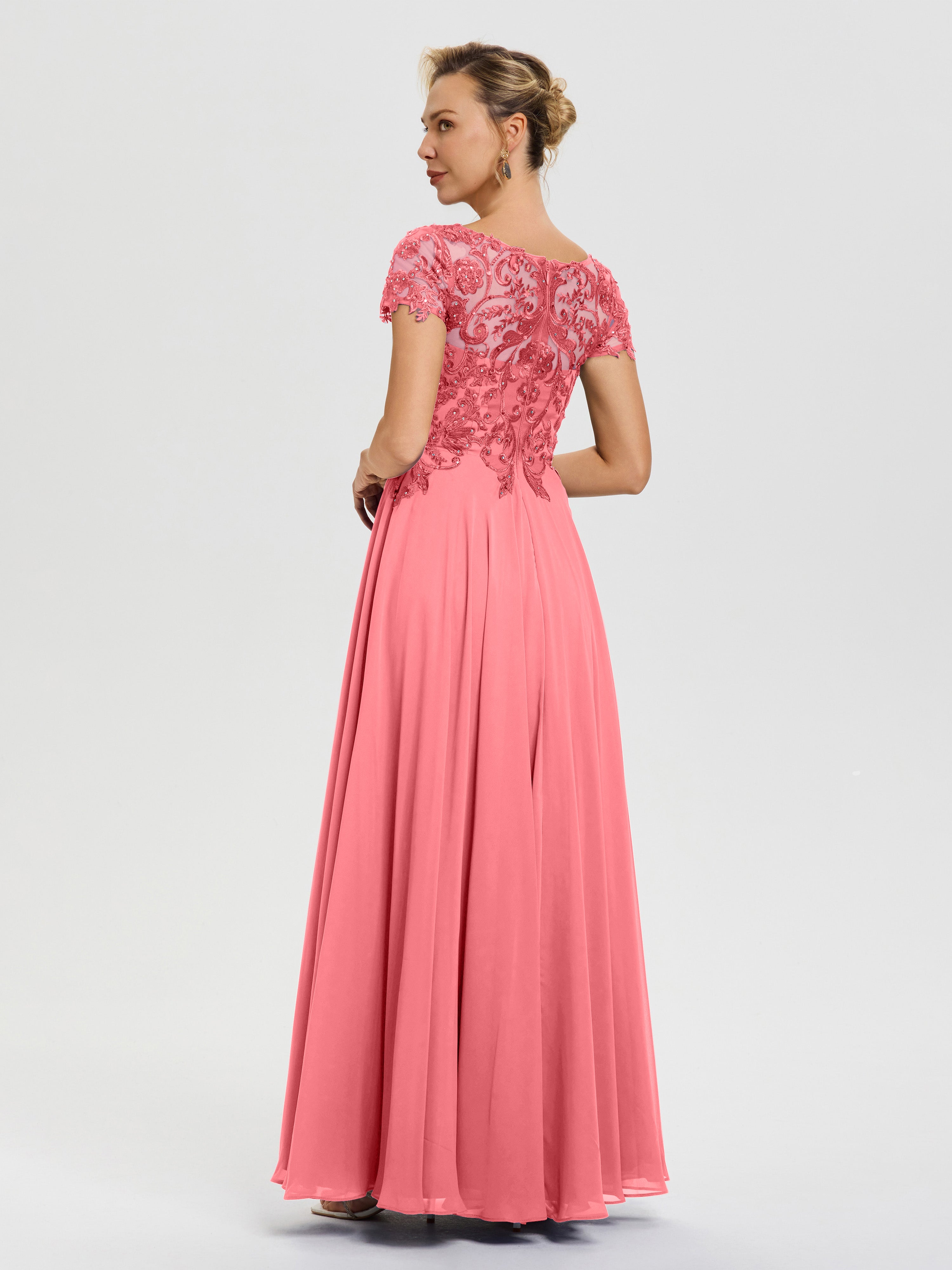 Robe Pour Mère De Mariée Pastèque Col V Mousseline & Dentelle Robe Mère De La Mariée Moderne