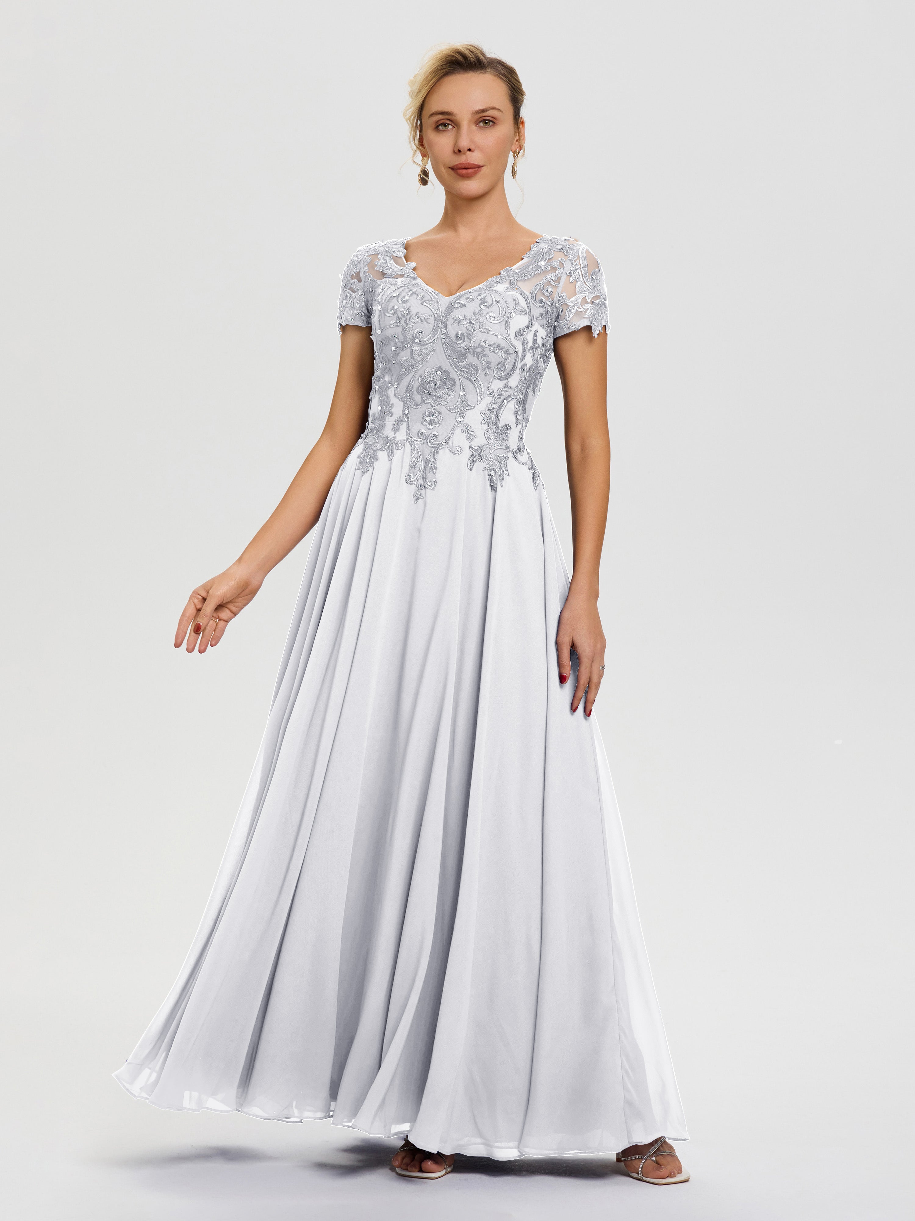 Robe Pour La Mère De La Mariée Blanc Col V Mousseline & Dentelle Robe Mère De La Mariée Moderne