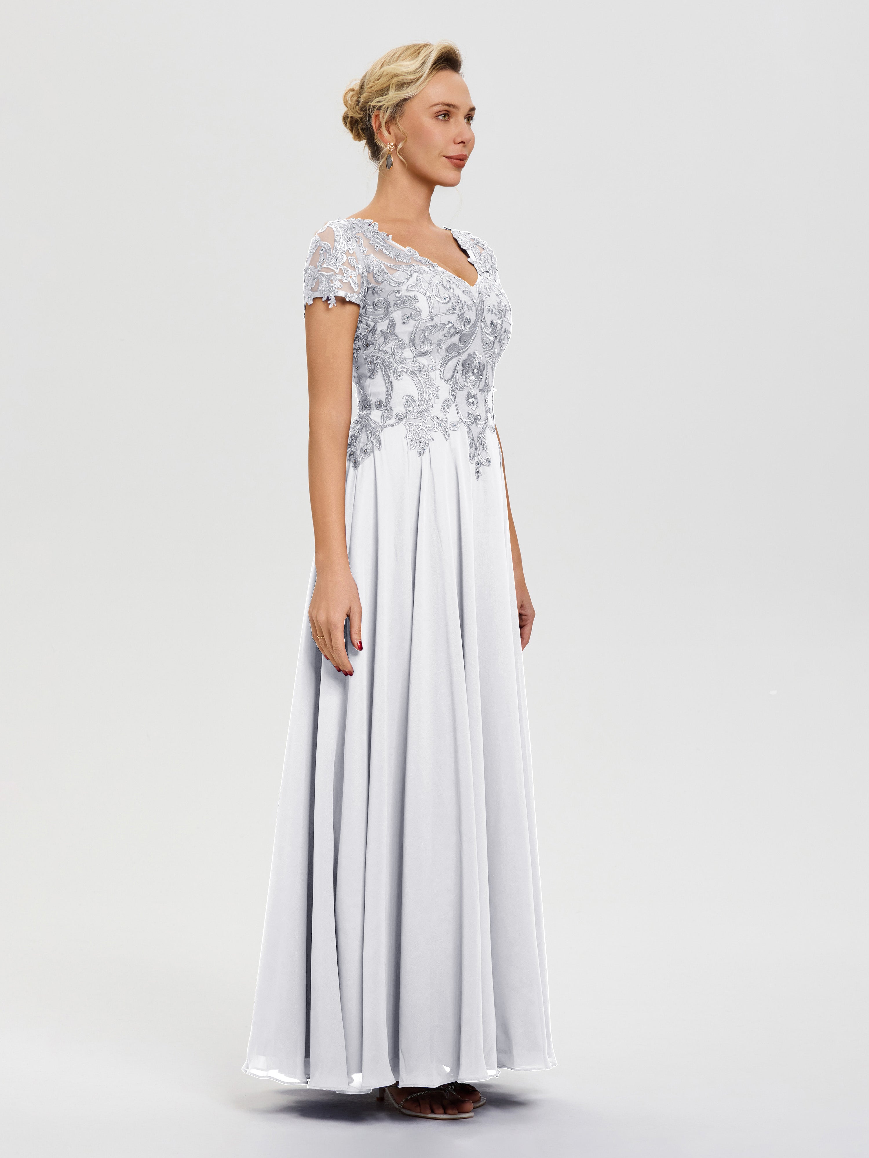 Robe Pour La Mère De La Mariée Blanc Col V Mousseline & Dentelle Robe Mère De La Mariée Moderne