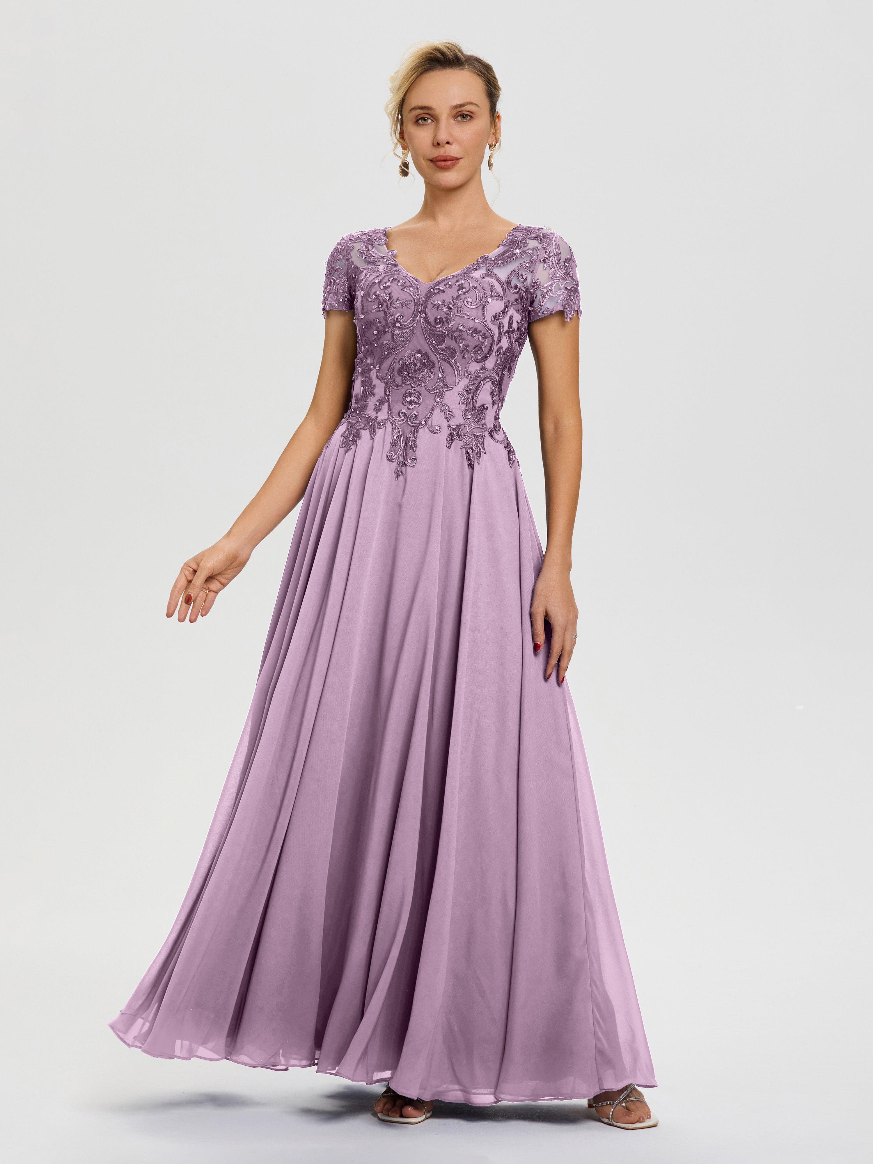 Robe Pour Mère De La Mariée Glycine Col V Mousseline & Dentelle Robe Mère De La Mariée Moderne