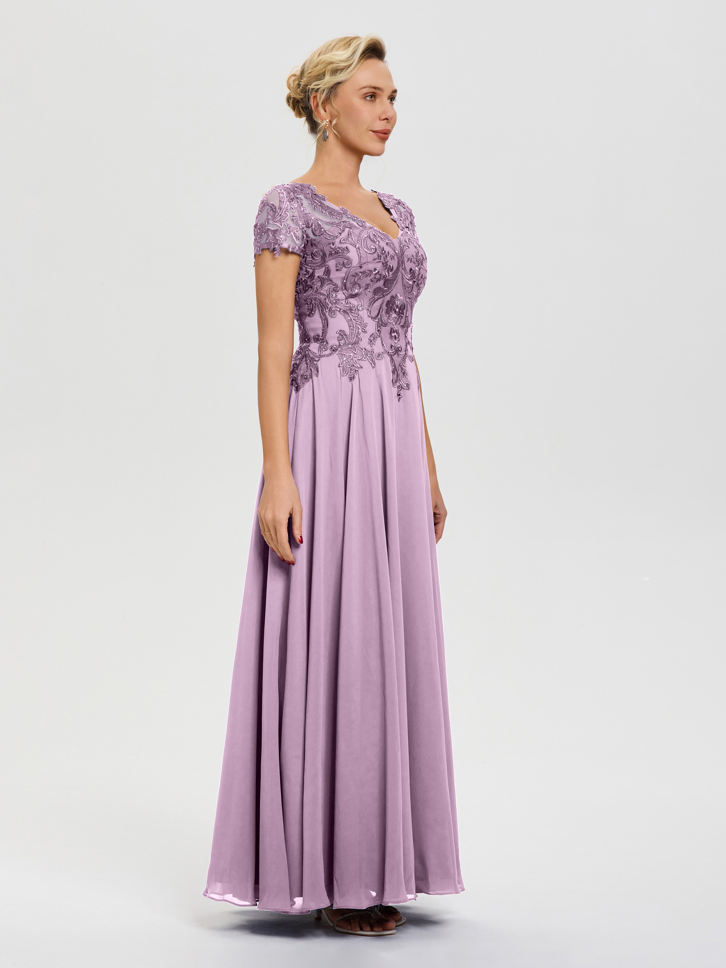 Robe Pour Mère De La Mariée Glycine Col V Mousseline & Dentelle Robe Mère De La Mariée Moderne
