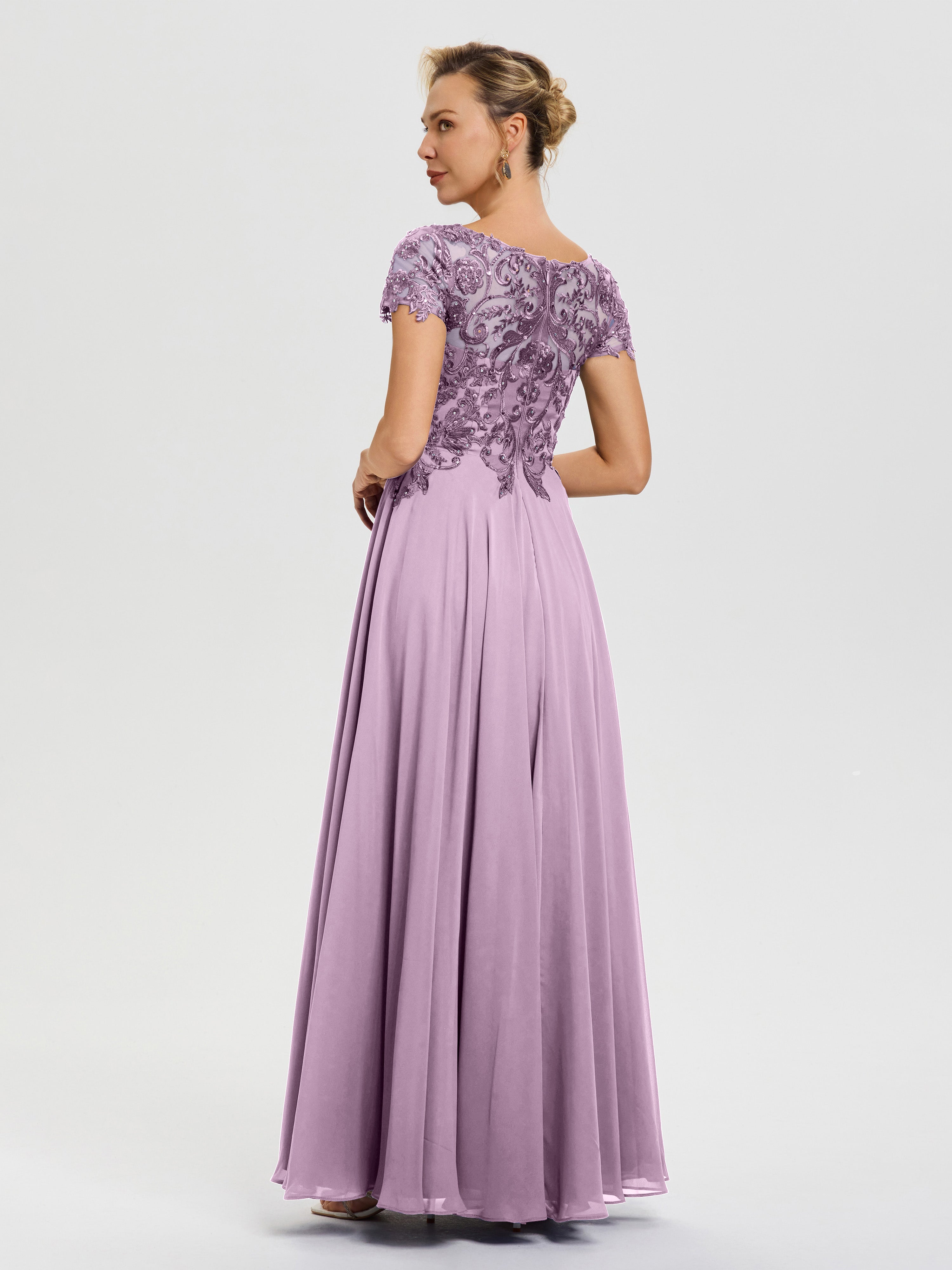 Robe Pour Mère De La Mariée Glycine Col V Mousseline & Dentelle Robe Mère De La Mariée Moderne