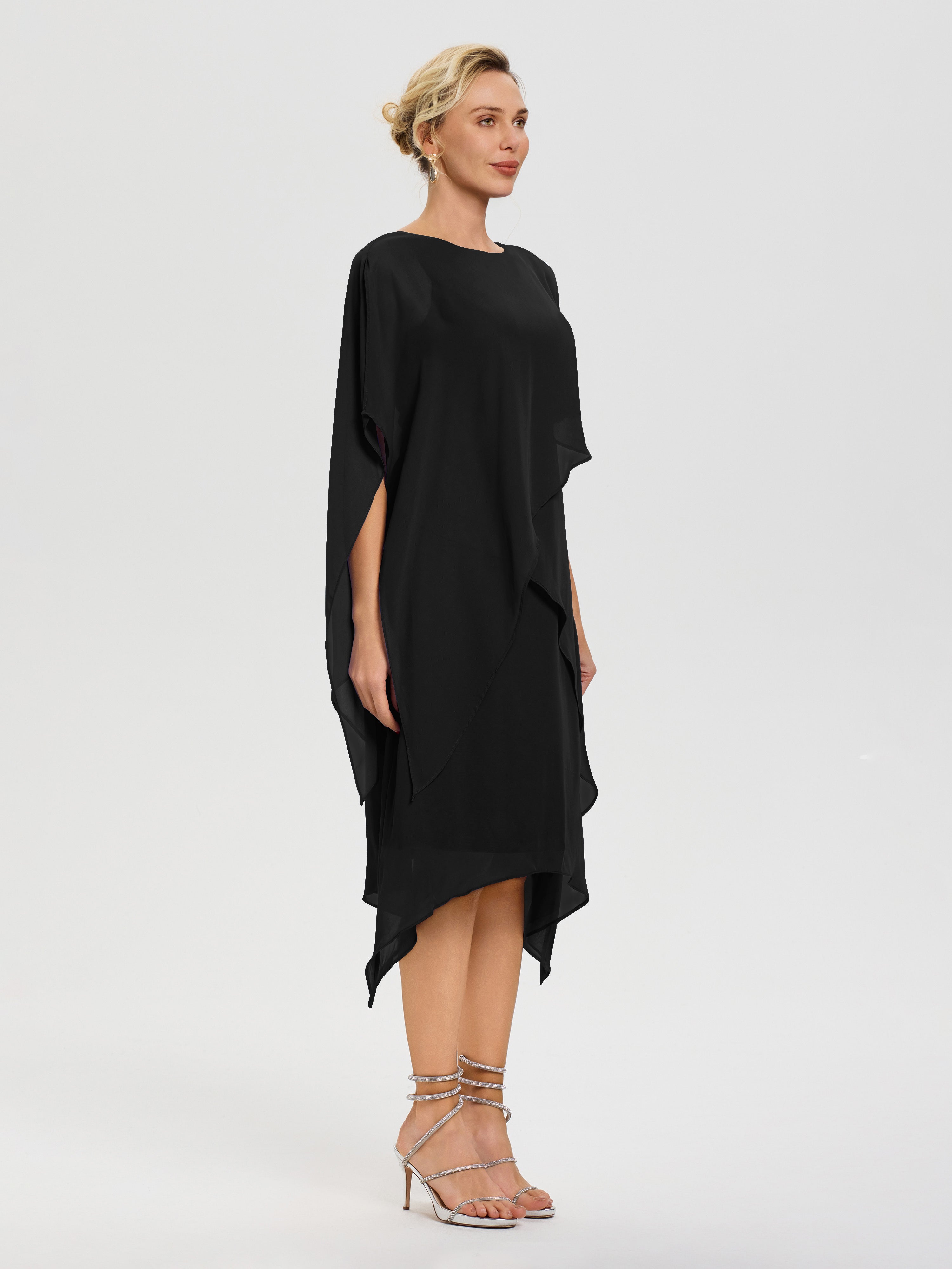 Robe De Mère De Mariée Noir Col Rond Mousseline Asymétrique Robe Mère Du Marié
