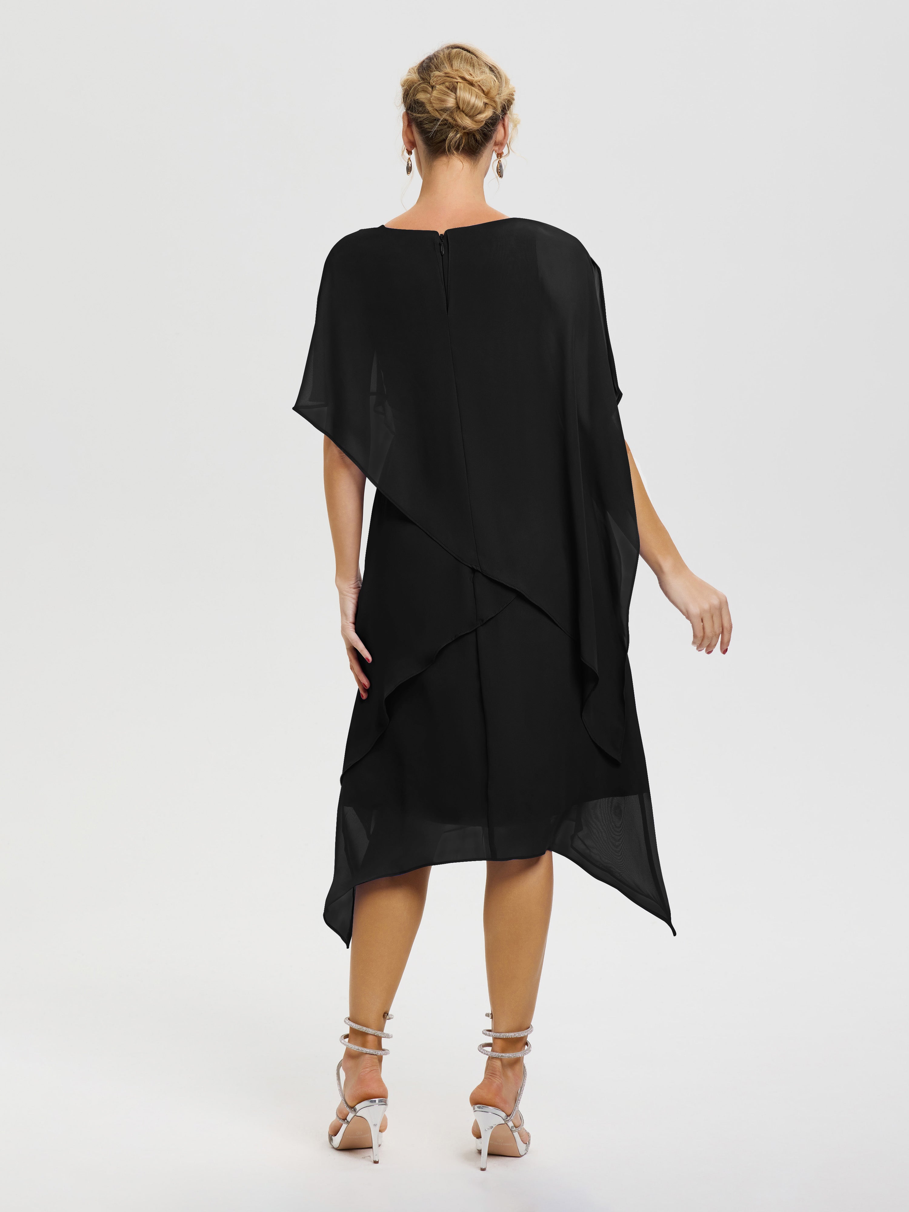 Robe De Mère De Mariée Noir Col Rond Mousseline Asymétrique Robe Mère Du Marié