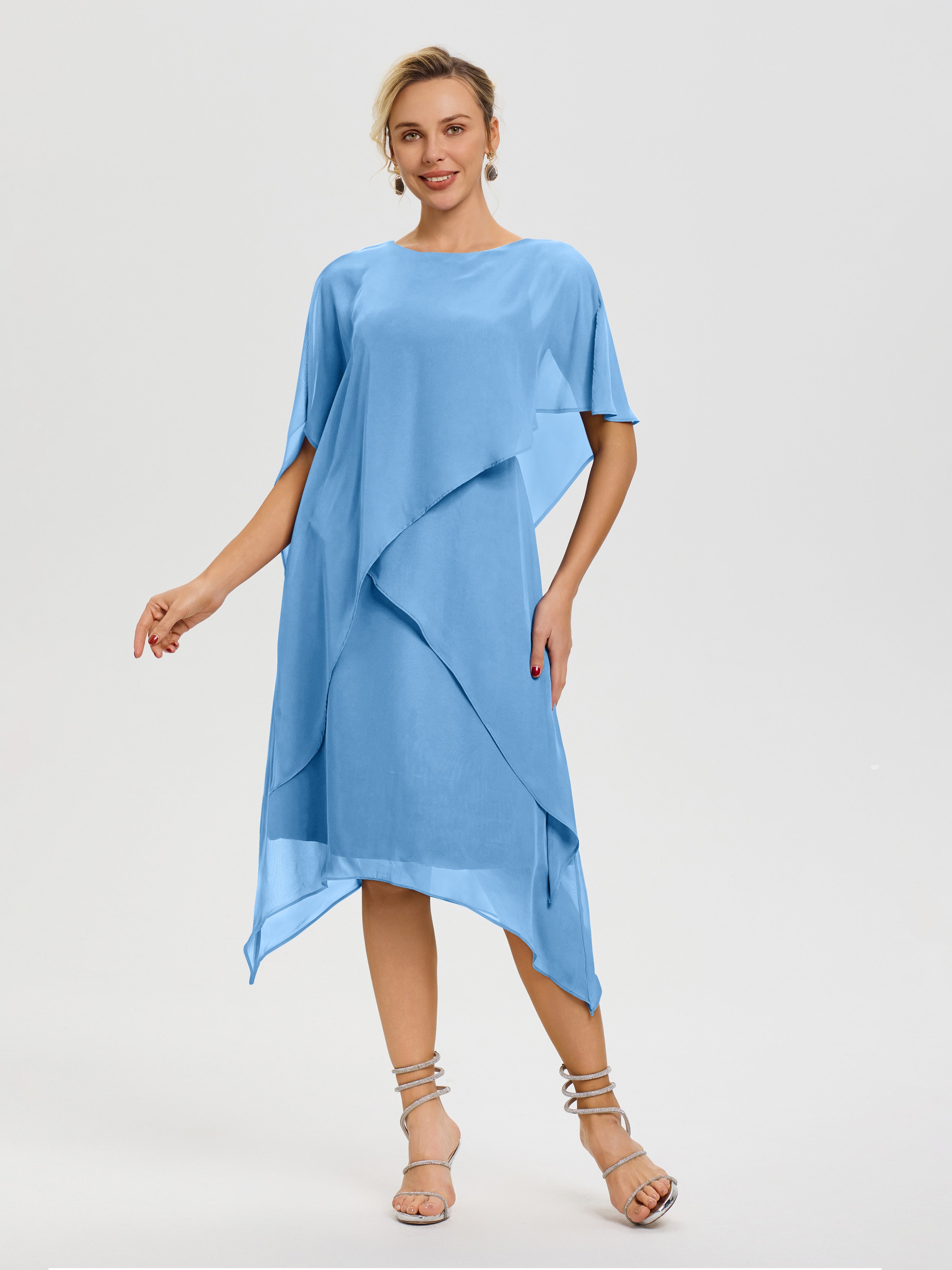 Robe De La Mère De La Mariée Bleu Col Rond Mousseline Asymétrique Robe Mère Du Marié
