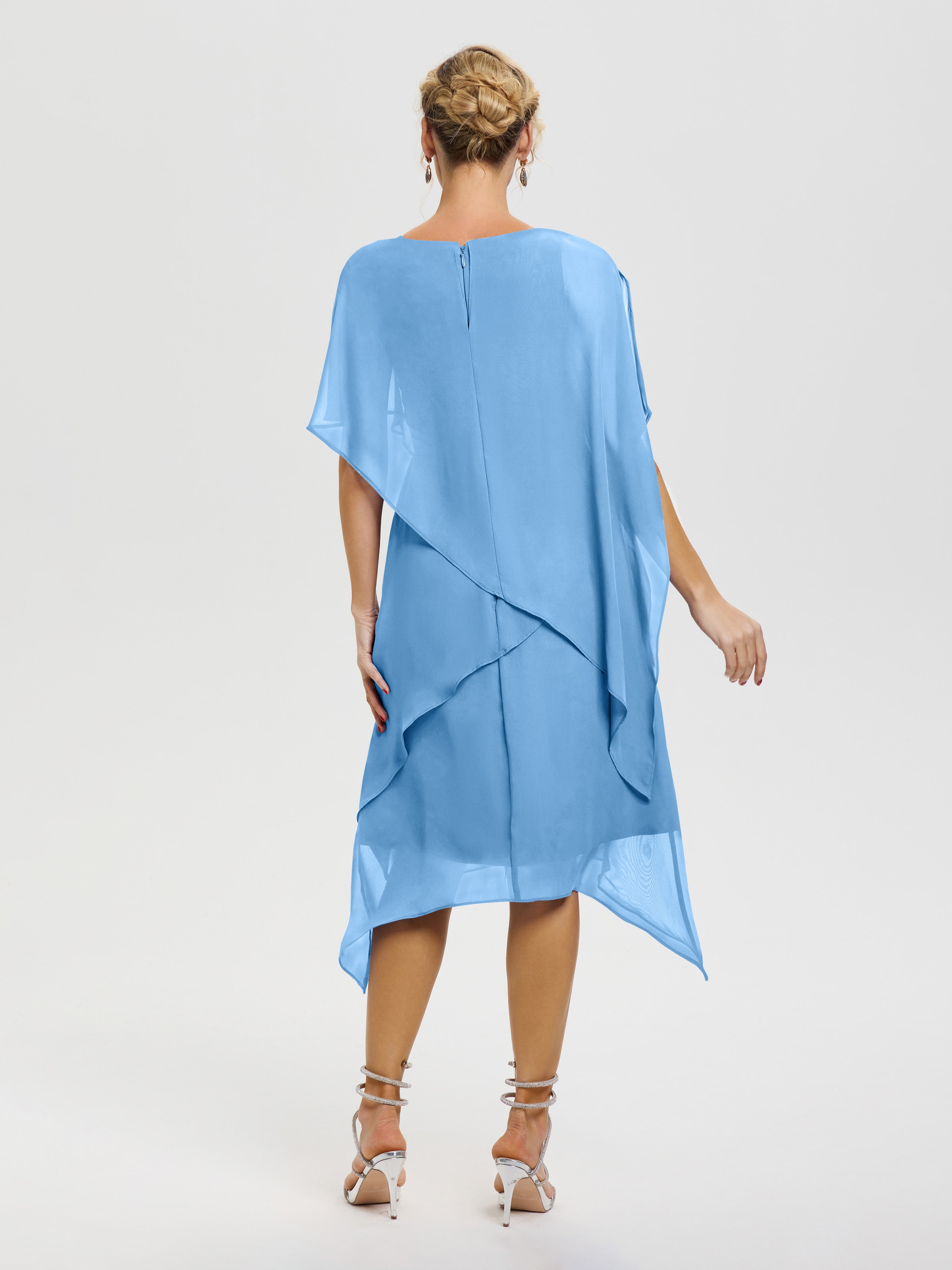 Robe De La Mère De La Mariée Bleu Col Rond Mousseline Asymétrique Robe Mère Du Marié