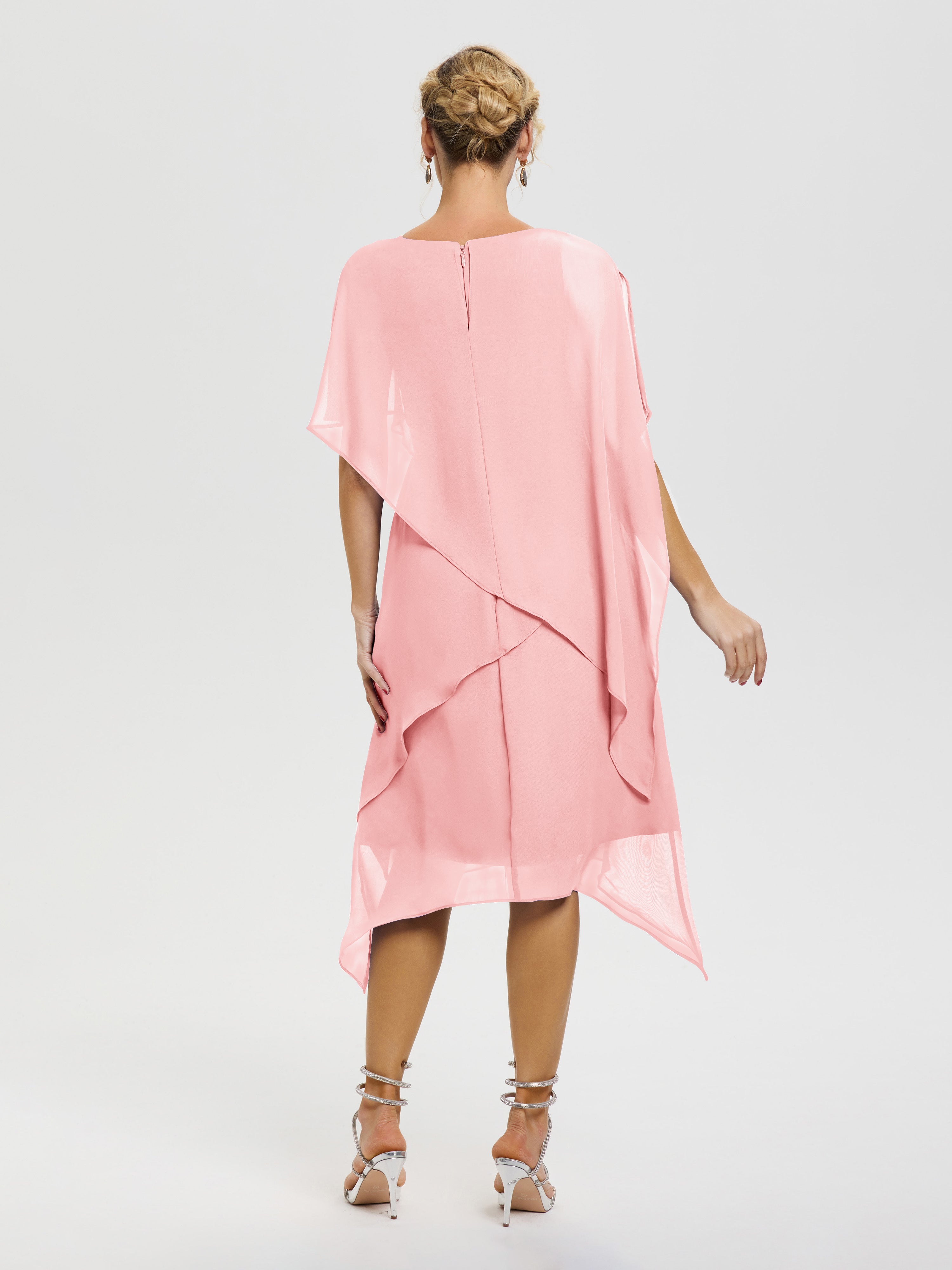 Robe Mere De La Mariee Rose Col Rond Mousseline Asymétrique Robe Mère Du Marié