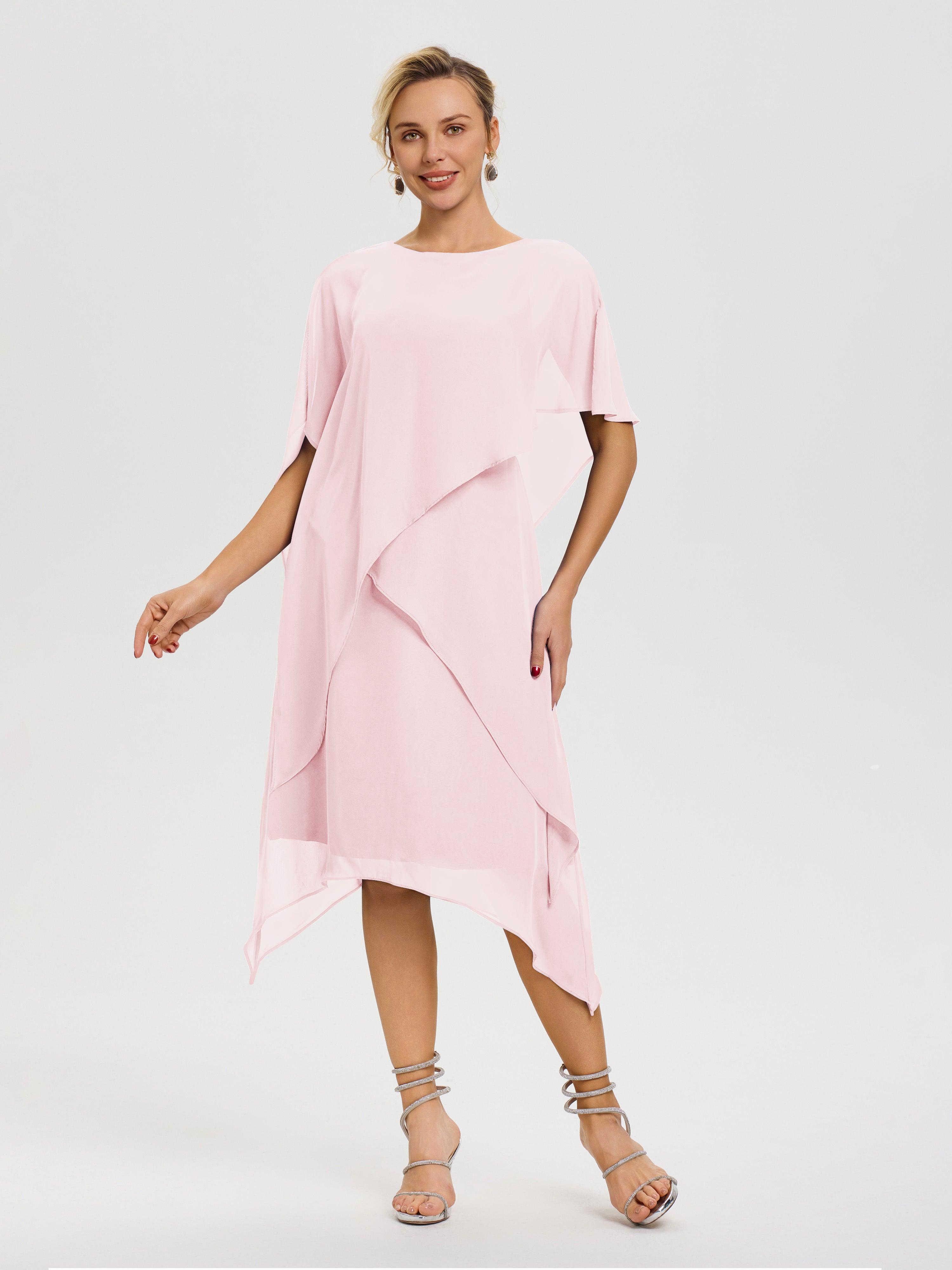 Robe Mère De La Mariee Rose Pâle Col Rond Mousseline Asymétrique Robe Mère Du Marié