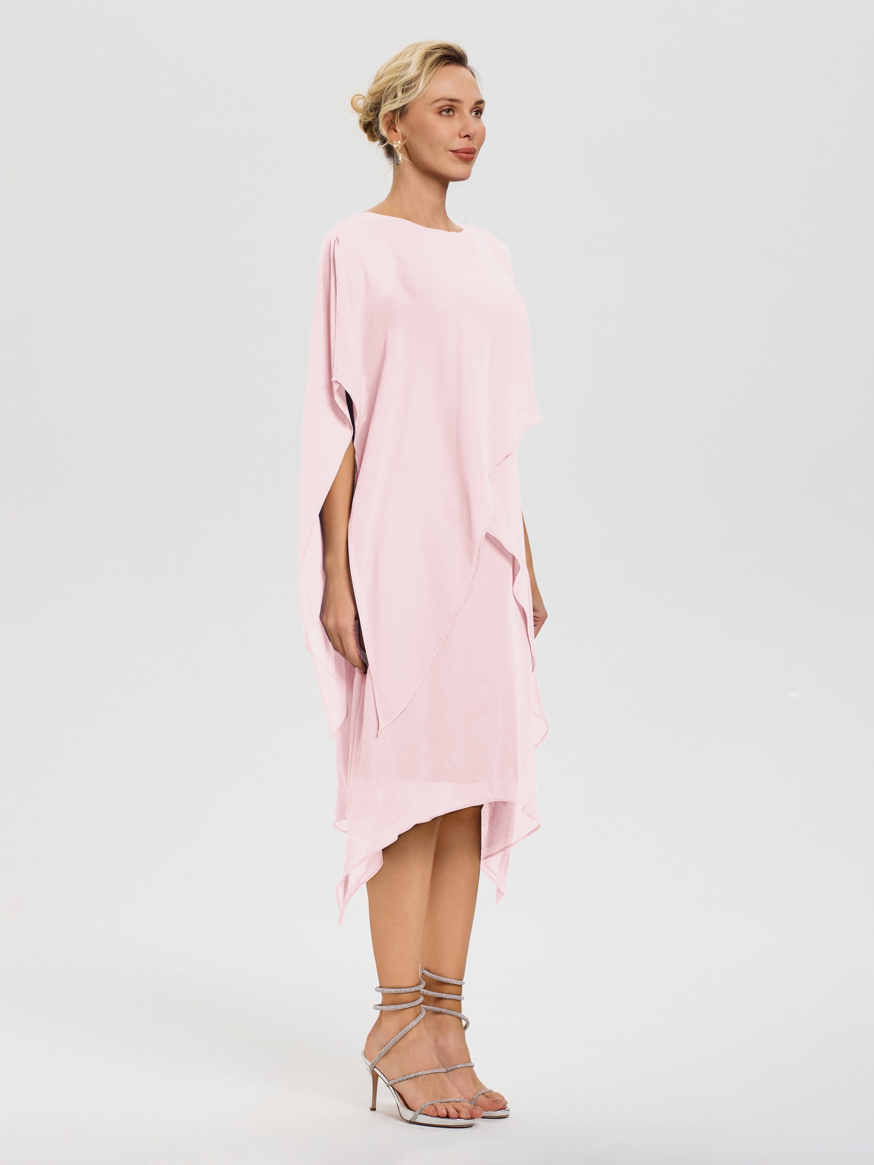 Robe Mère De La Mariee Rose Pâle Col Rond Mousseline Asymétrique Robe Mère Du Marié