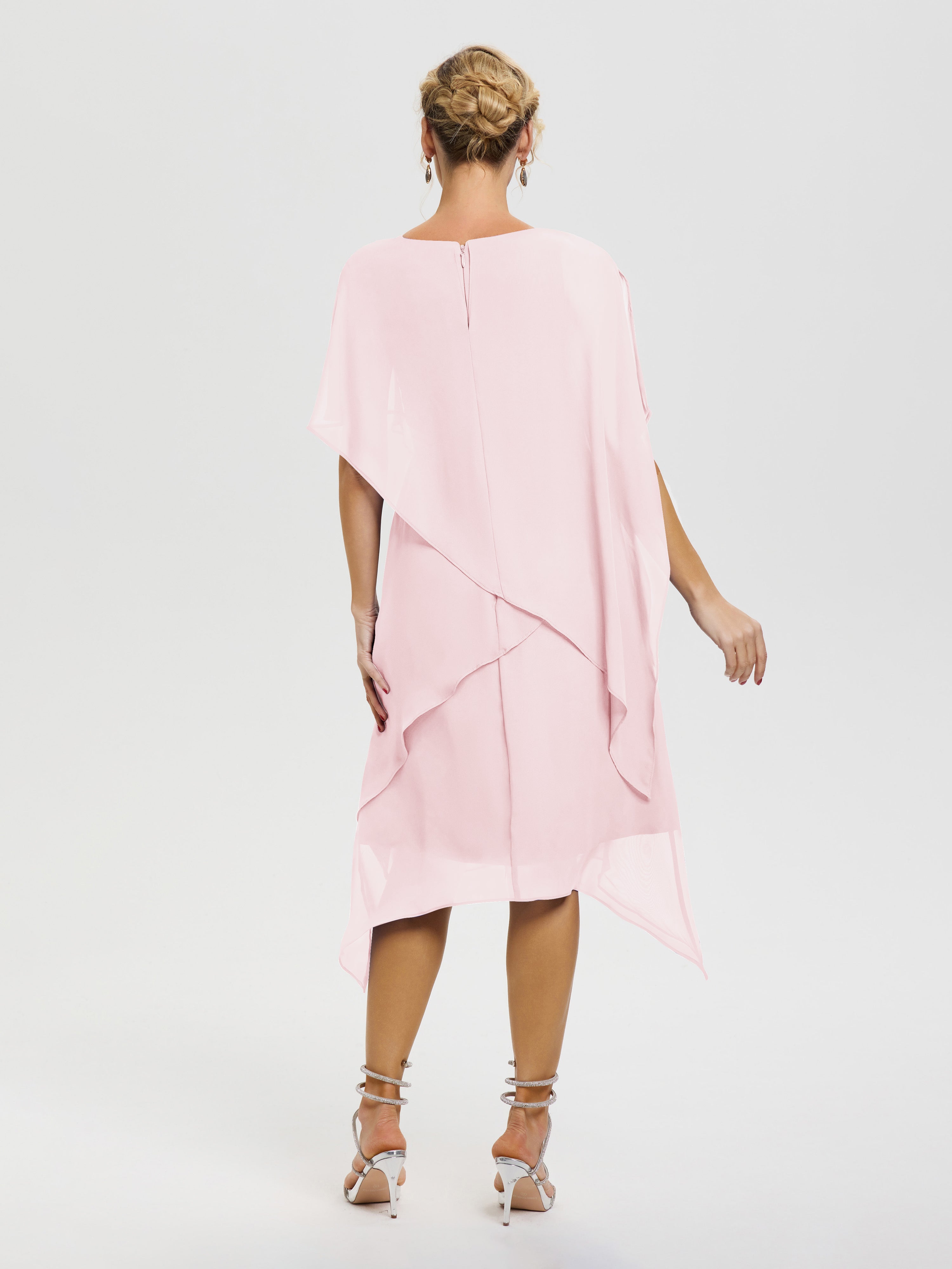 Robe Mère De La Mariee Rose Pâle Col Rond Mousseline Asymétrique Robe Mère Du Marié