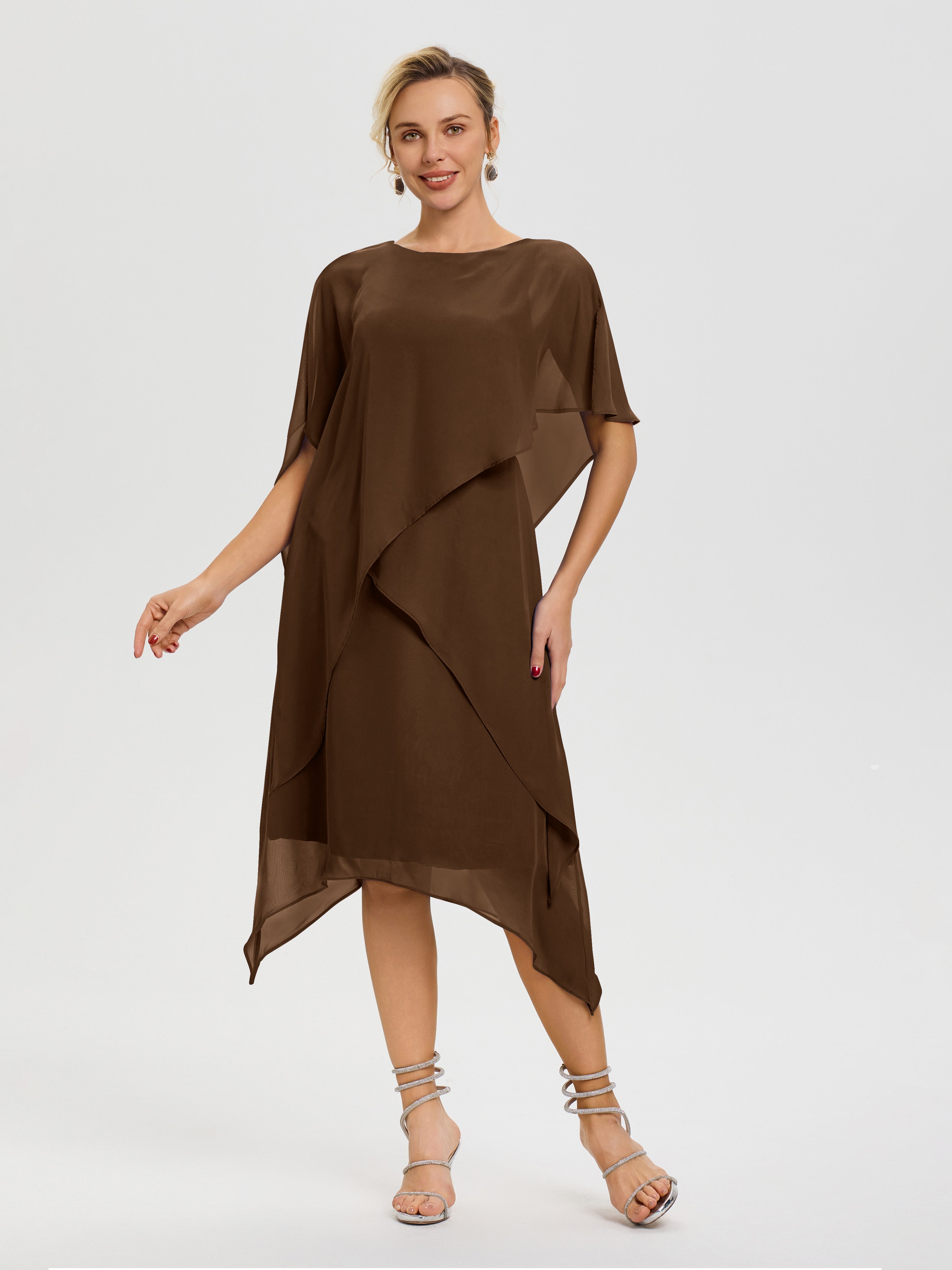 Robe Pour La Mère De La Mariée Brun Col Rond Mousseline Asymétrique Robe Mère Du Marié